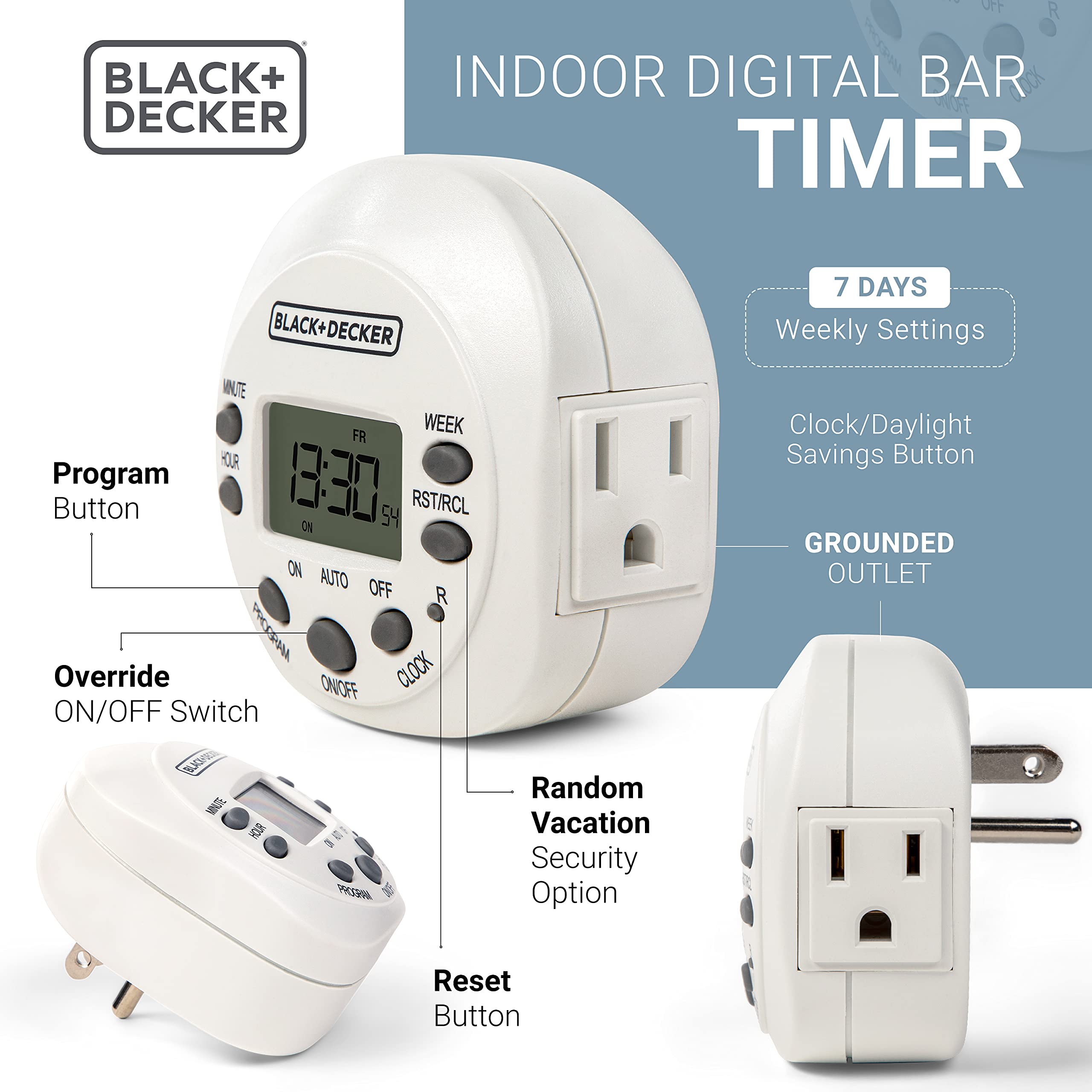 BLACK+DECKER Programmable Light Timer with Grounded Outlet - Compact Digital Timer for Indoor Use (1 Pack) | 7-Day Settings & Daylight Savings Mode | Perfect for Lamps, Appliances & Home Automation