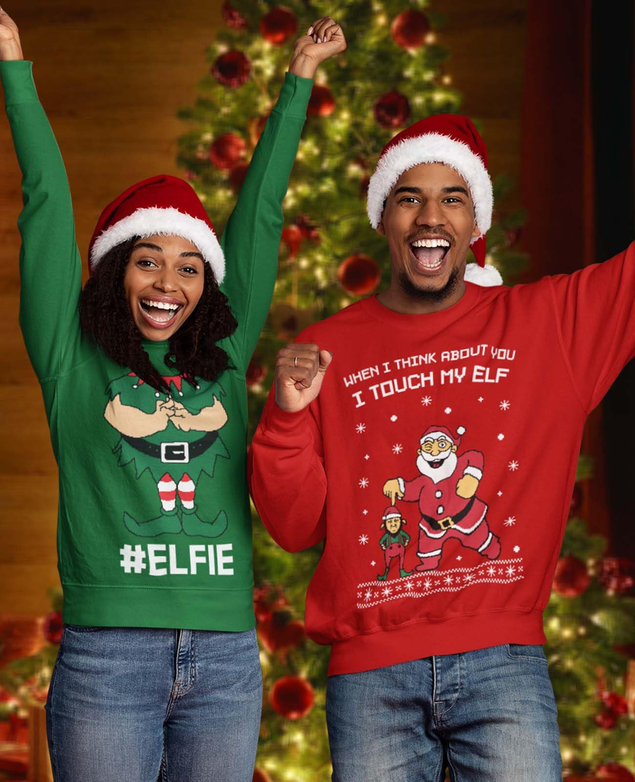 Tstars Elf Matching Couples Ugly Christmas Sweater - Funny His & Hers Holiday Sweatshirts for Men & Women - Perfect for Christmas Parties & Family Photos