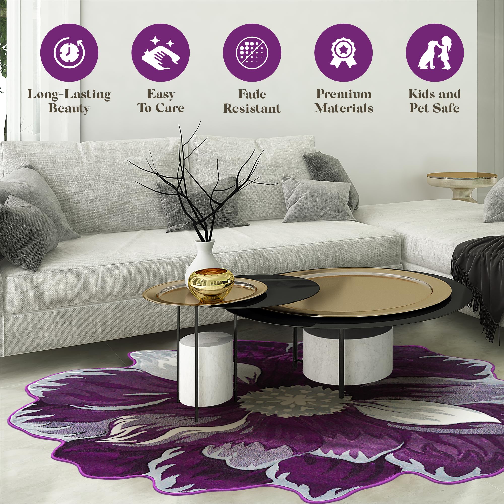 5ft Round Flower Shaped Area Rug - Soft Plush Circle Carpet for Bedroom, Living Room & Nursery - Girly Home Decor in 305 Purple - Perfect for Boho Chic Decor, Kids Play Area & Cozy Floor Seating