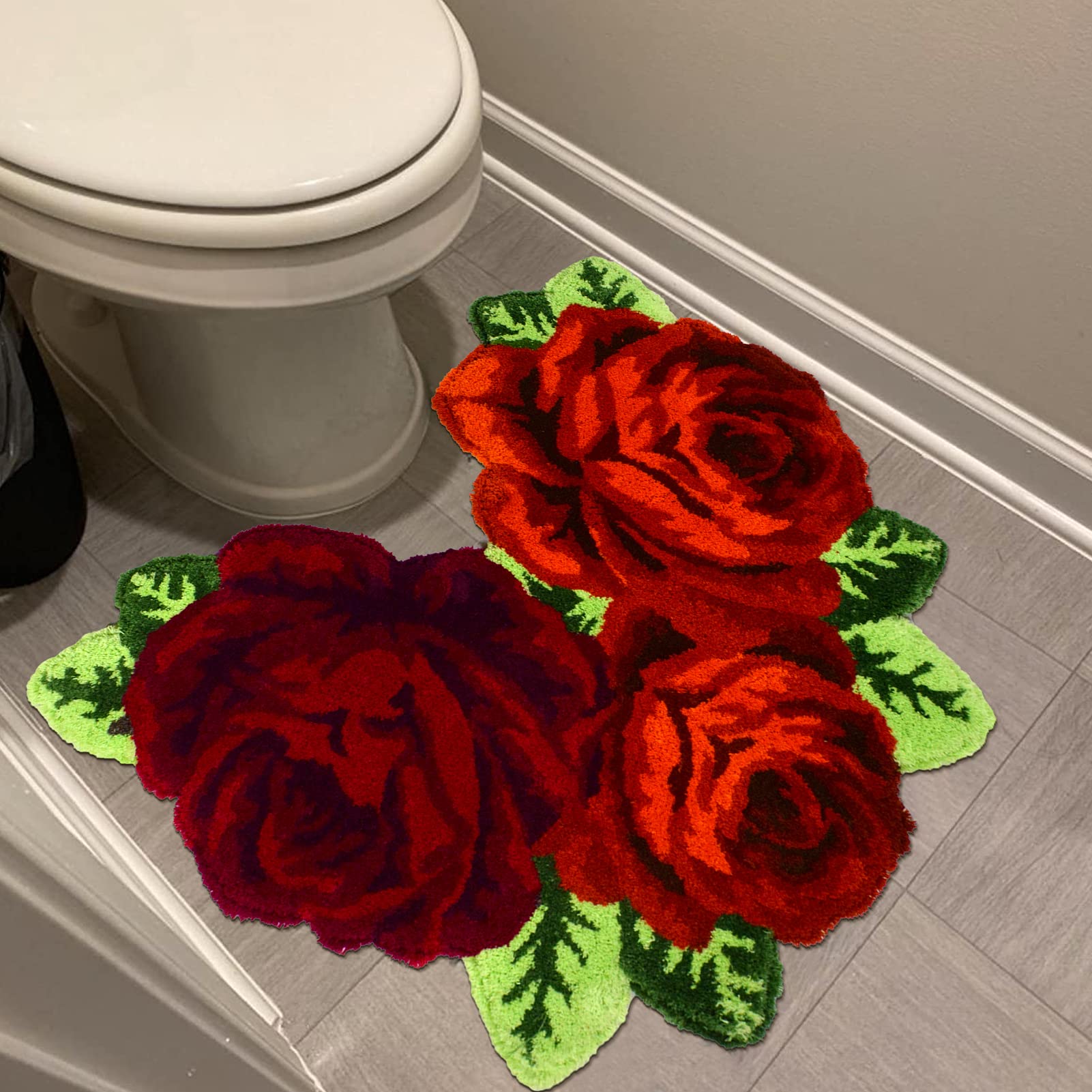 USTIDE Shaggy Bathroom Rug - Ultra Soft Plush U-Shaped Toilet Rug, Red Rose Water Absorbent Non-Slip Bath Mat for Vanity & Shower - Machine Washable 31x24 Inches - Perfect for Christmas Decor & Cozy Bathroom Accent