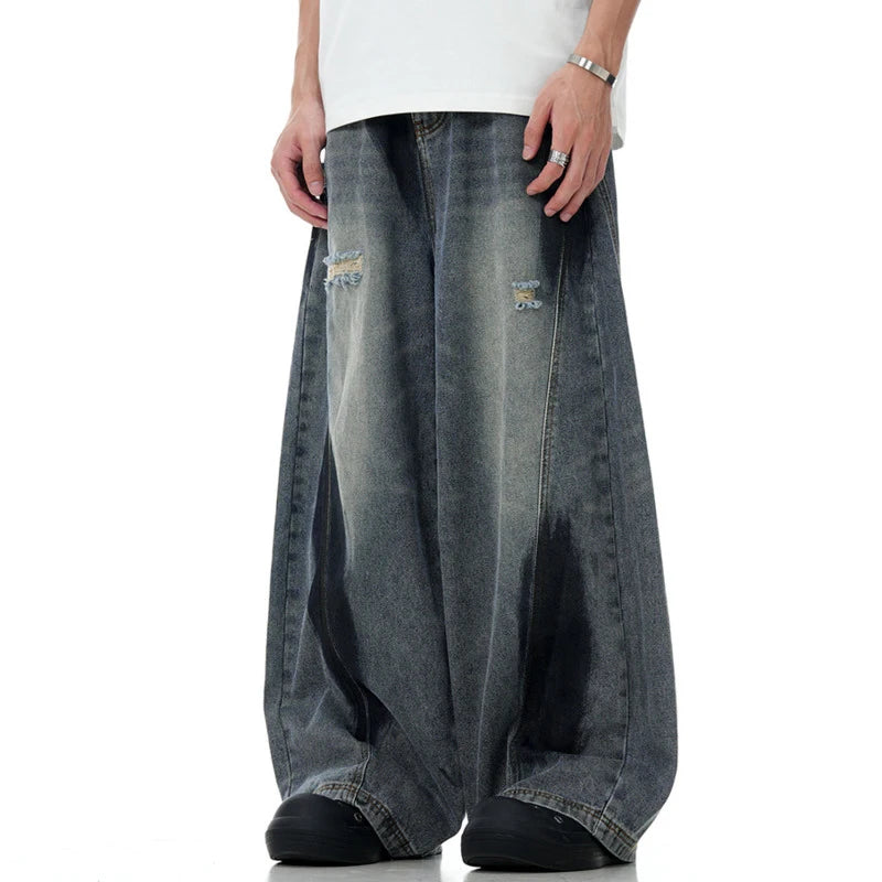 American Graffiti Men's Ripped Jeans - Fashionable Lantern Pants with Zipper & Multiple Pockets, Denim Trousers for Men (2024 Fall Collection) | Perfect for Casual Wear, Street Style & Night Out