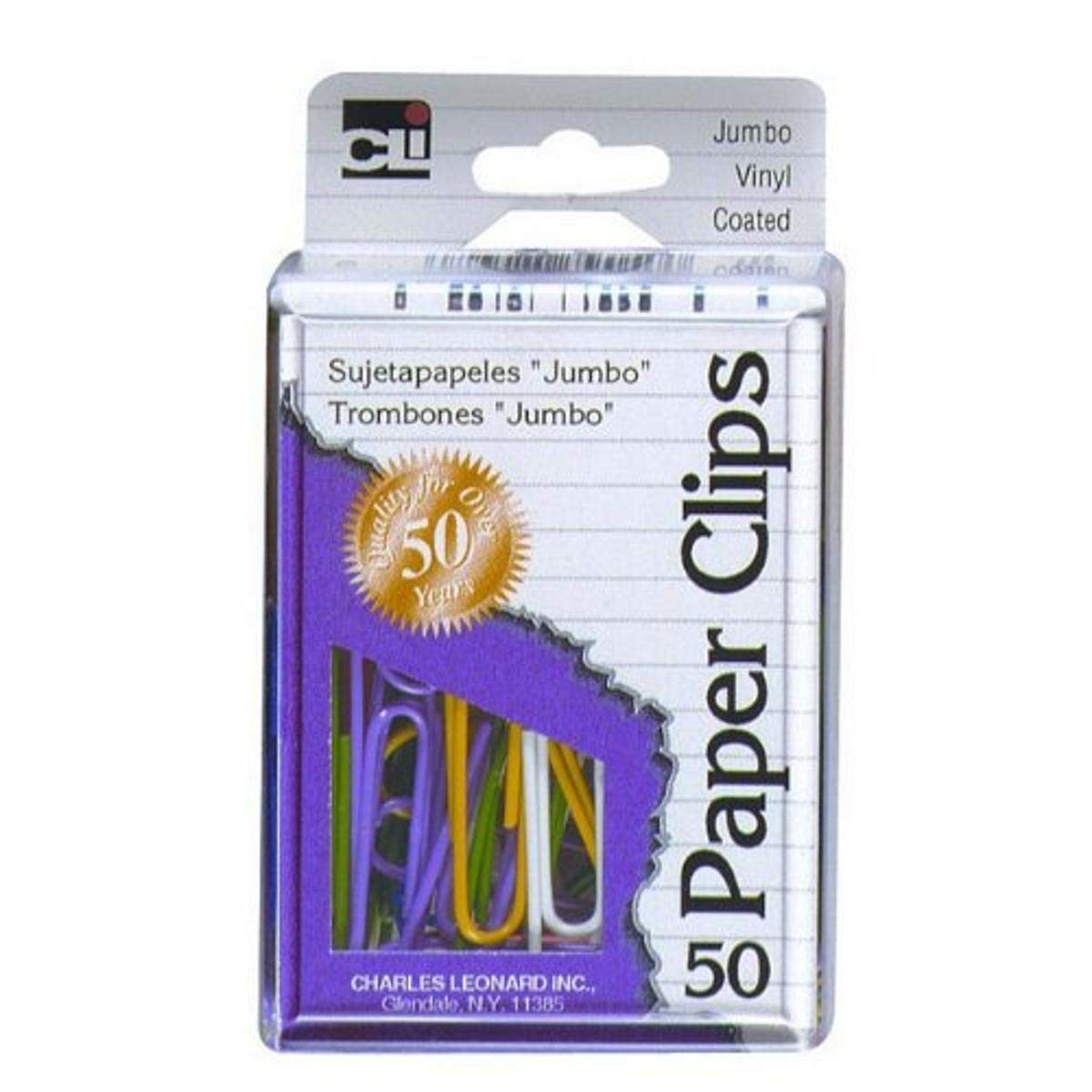 Charles Leonard Vinyl Coated Jumbo 50mm Paper Clips - 50 Pack in Reusable Box (79050) for Office, School & Home Organization