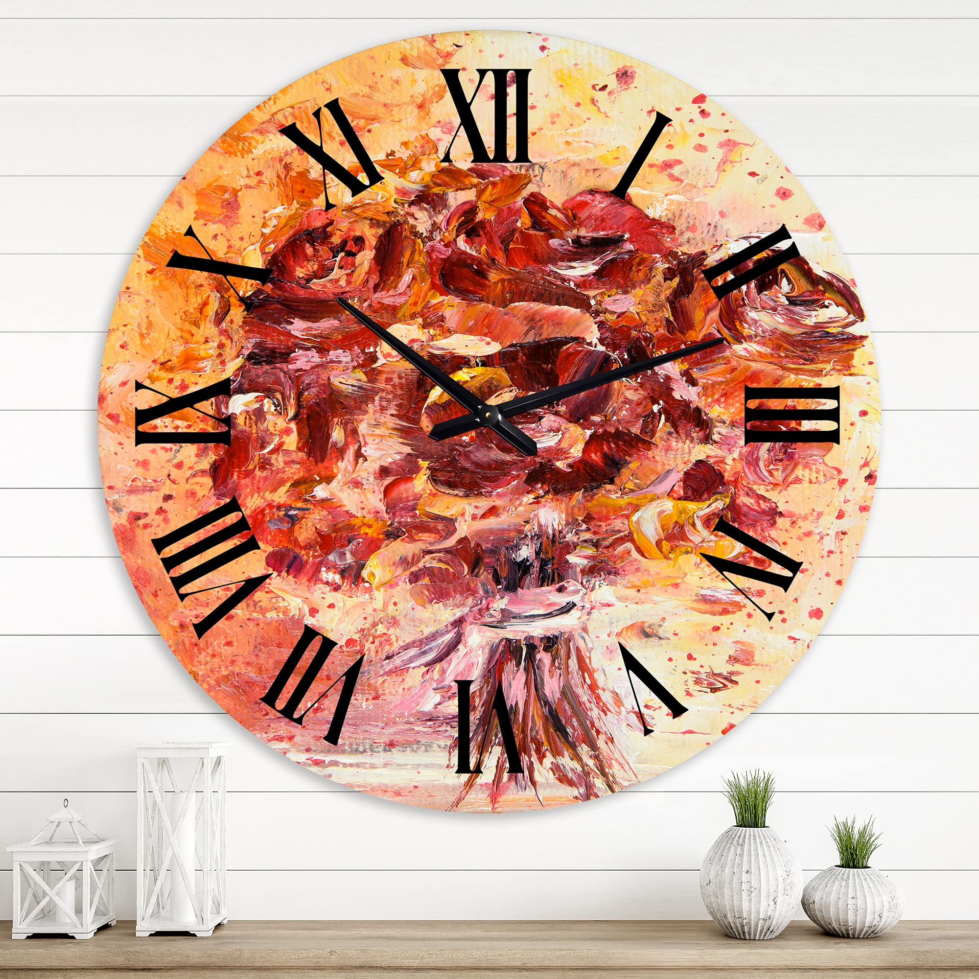 Vintage Red Floral Wall Clock - Large Traditional Decorative Clock with Fresh Flowers Bouquet Design for Living Room, Bedroom & Office Decor | Perfect Home & Office Gift Idea