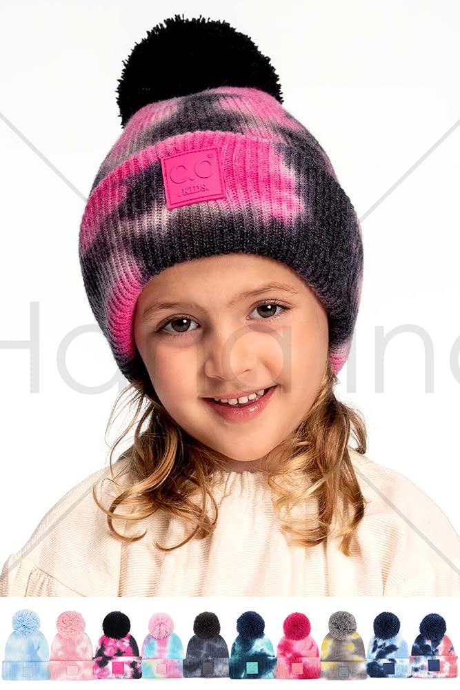 ScarvesMe Kids Tie Dye Beanie Hat with Rubber Patch & Yarn Pom Pom - Warm Winter Knit Hat for Boys & Girls - Perfect for Outdoor Activities, School & Cold Weather