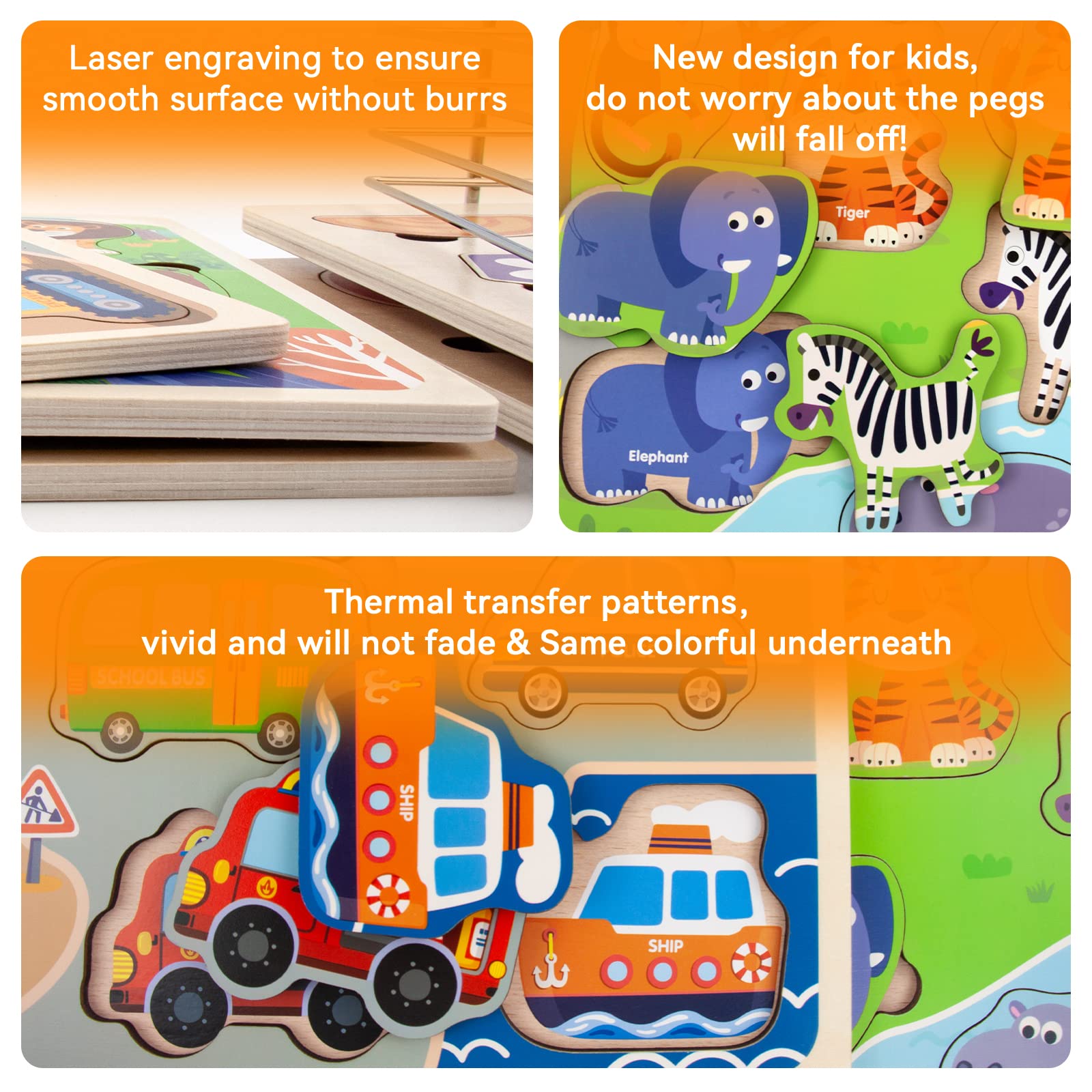 Wooden Puzzles for Toddlers 3-6 with Storage - 6 Pack for Preschool Learning | Playroom & Classroom Use