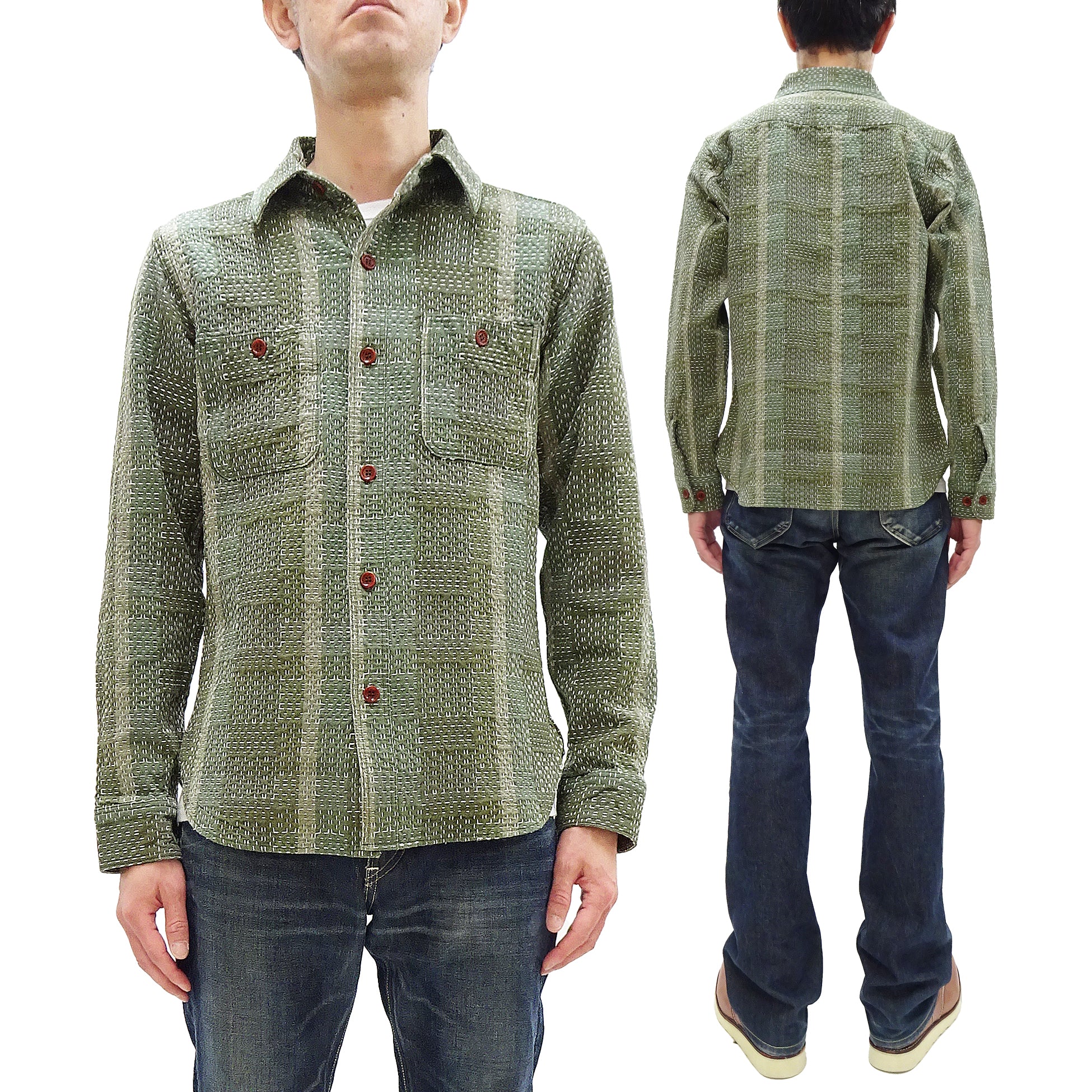 Studio D'Artisan Sashiko Work Shirt for Men - Boro Noragi Long Sleeve Casual Shirt (SDA 5651/5651R, Green) - Perfect for Workwear, Street Style & Japanese Fashion Enthusiasts