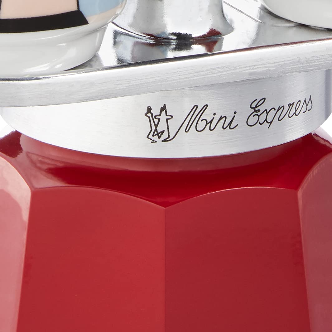 Bialetti Mini Express Magritte 2-Cup Moka Pot Coffee Maker with 2 Shot Glasses - 2.8 Oz Aluminum Stovetop Espresso Maker for Home & Office, Red - Perfect for Espresso Lovers & Small Kitchens