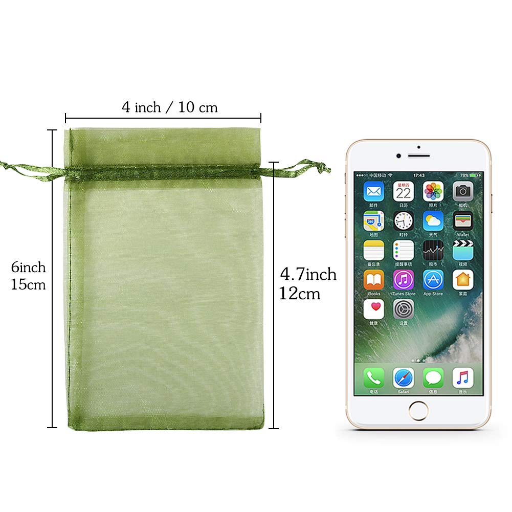 100pcs Olive Green Organza Drawstring Bags 4x6 inch - Candy, Jewelry & Gift Pouches for Christmas, Weddings, Baby Showers & Party Favors