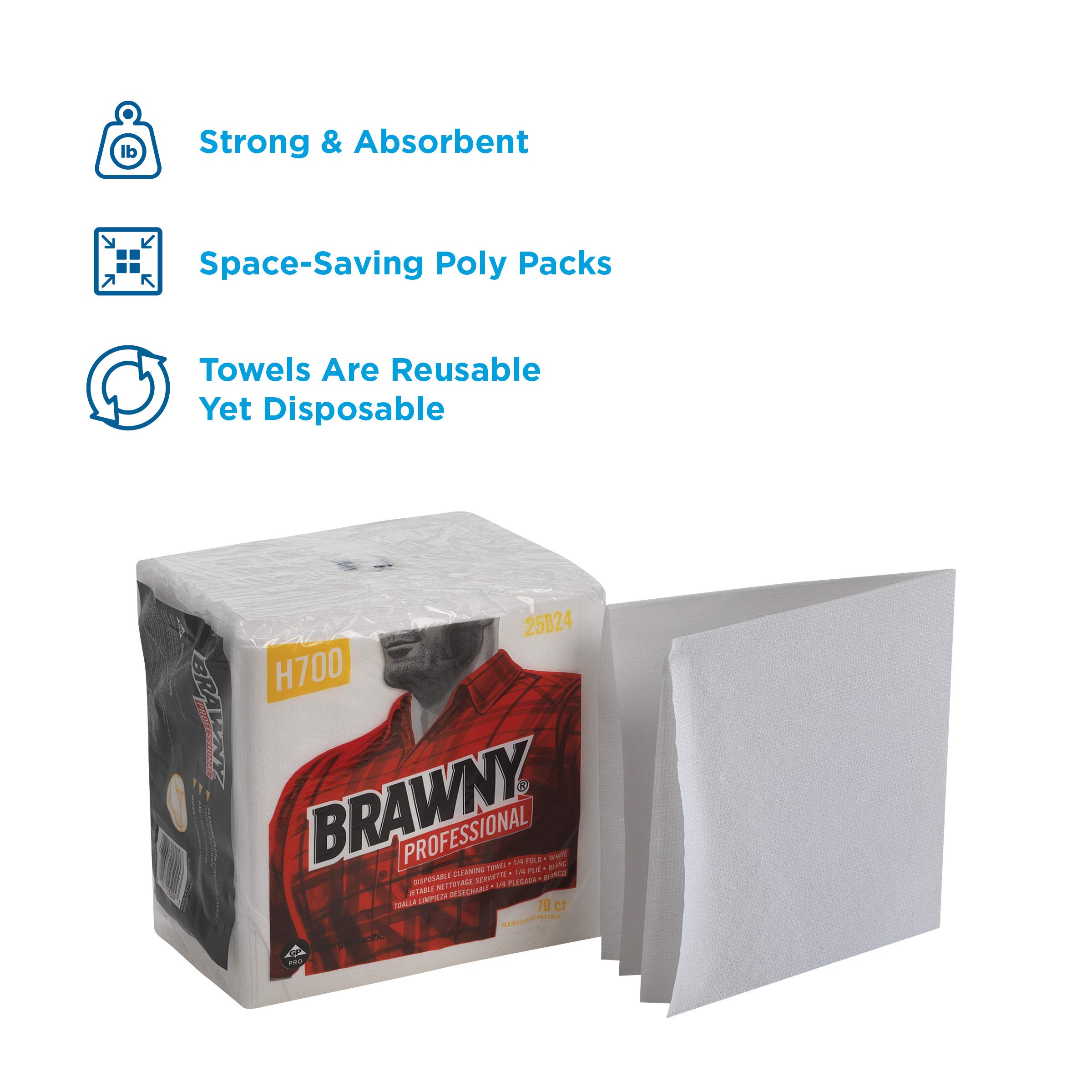 Brawny Industrial Heavy Duty Shop Towels 13x13 Inch, White - 70 Towels per Pack, Case of 12 Packs (840 Towels) | Premium Absorbent Cleaning Rags for Automotive, Workshop & Industrial Use