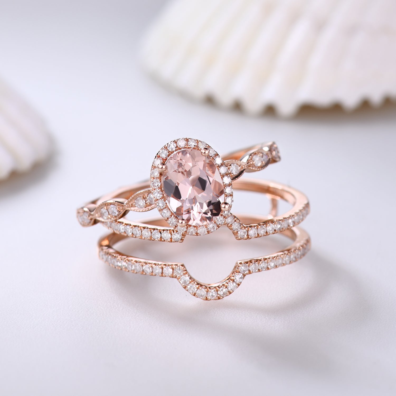Stackable Oval Cut Morganite Engagement Ring Set with Diamond Accent Double Row Band - Perfect for Bridal, Wedding, and Anniversary Gifts