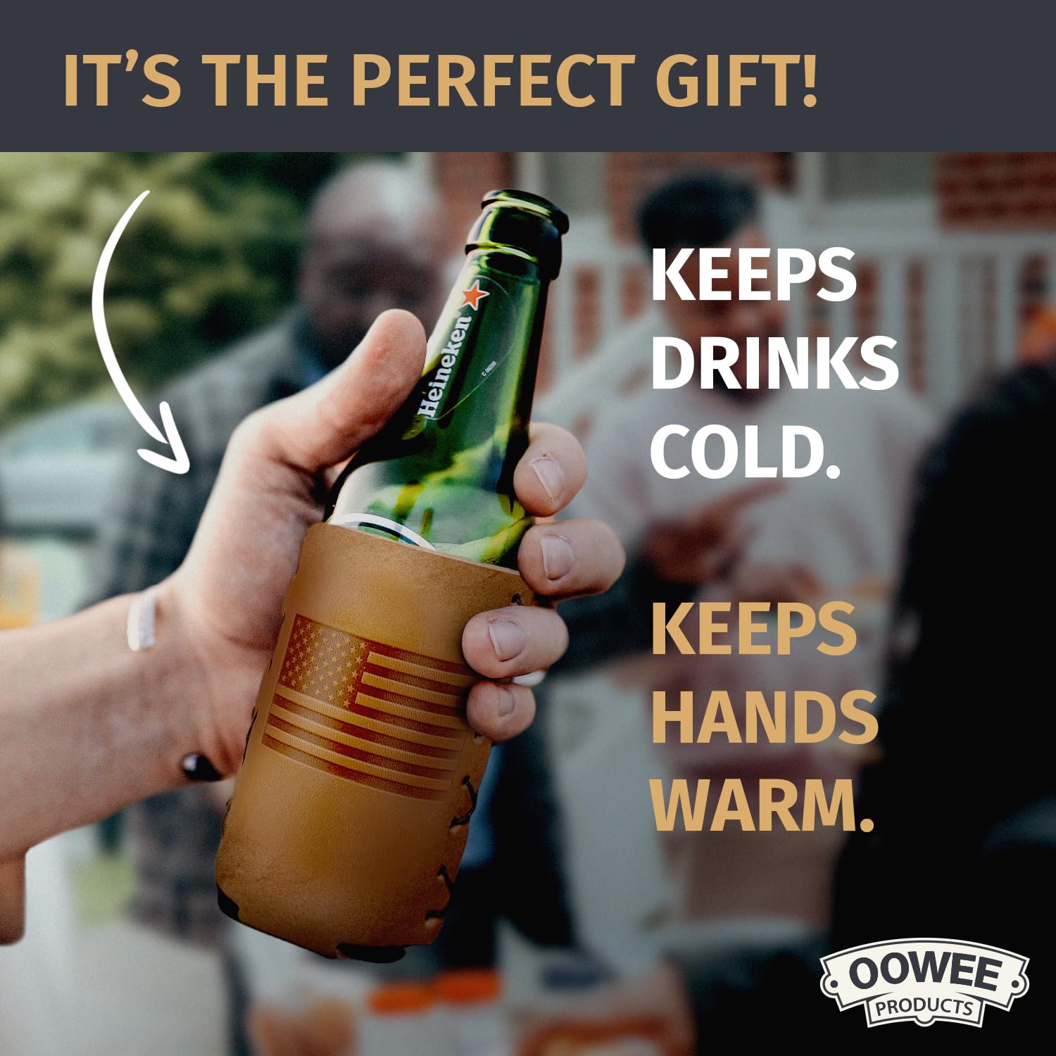 Oowee Genuine Leather Beer Bottle Sleeve Holder | Insulated 12oz Longneck Bottle Cover for Soda, Beer & Seltzer | USA Made American Flag Design | Perfect for BBQs, Tailgating & Outdoor Parties
