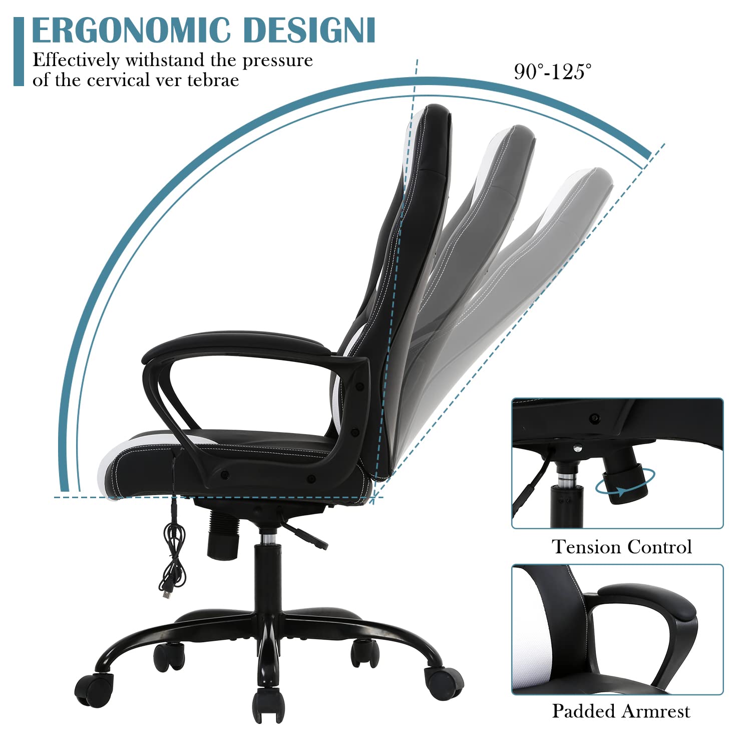 Premium Ergonomic Gaming Chair - High Back Racing Style Office Chair with Adjustable Lumbar Support & Headrest, PU Leather Computer Desk Chair for Home Office, Gaming Room & Streaming Setup - Comfortable for Long Hours of Work & Play