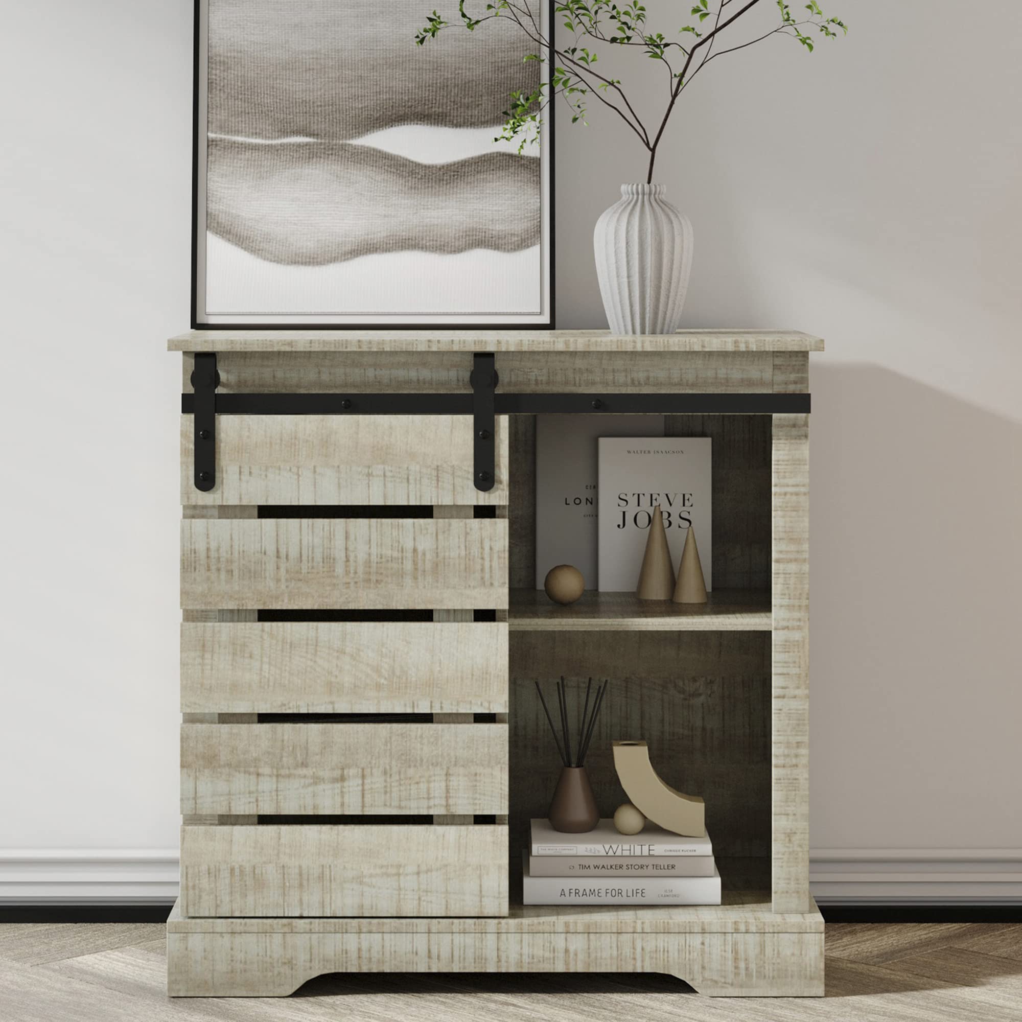 Modern Farmhouse Buffet Sideboard with Sliding Barn Door - 5-Shelf Storage Cabinet, Accent Console Table & Coffee Bar Station for Dining Room, Living Room - Gray