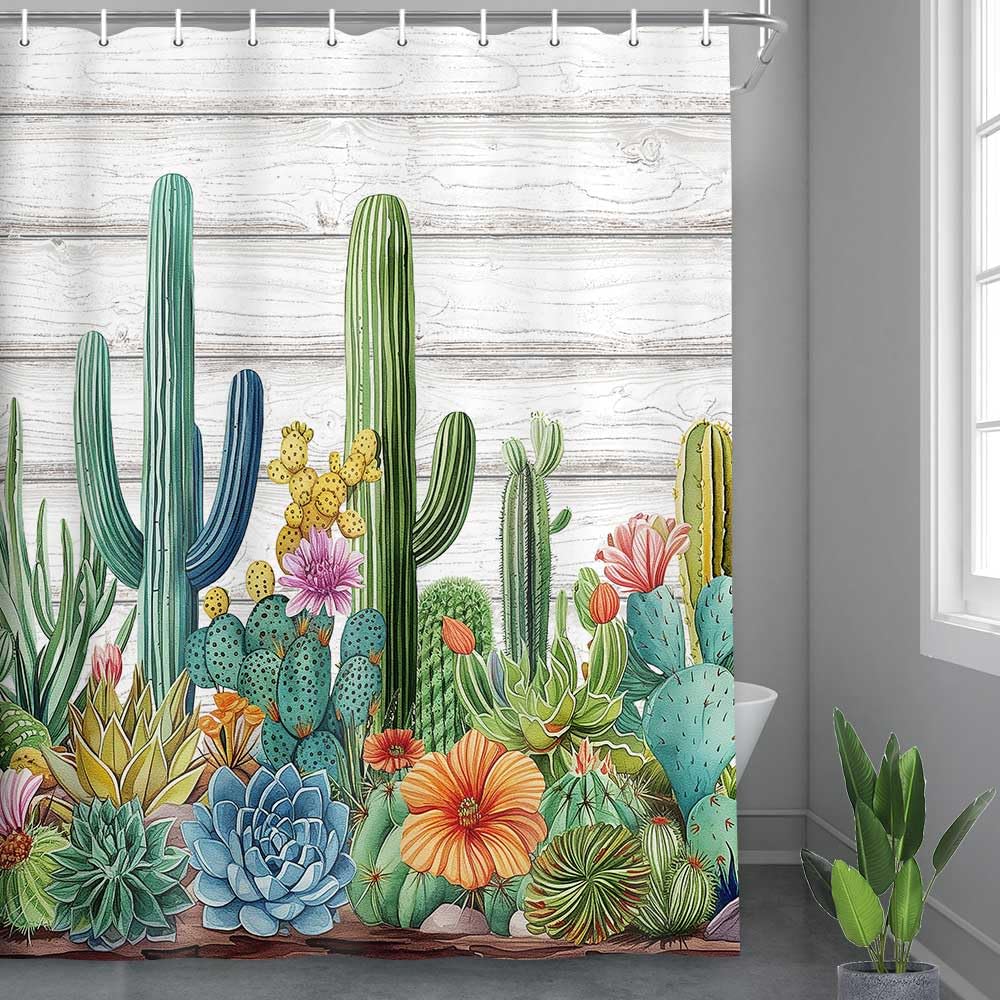 Waterproof Cactus Shower Curtain Set with Tropical Green Leaves & Pink Flowers - Rustic Farmhouse Bathroom Decor, 60x72 Inch - Perfect for Boho, Farmhouse, and Modern Bathroom Styles