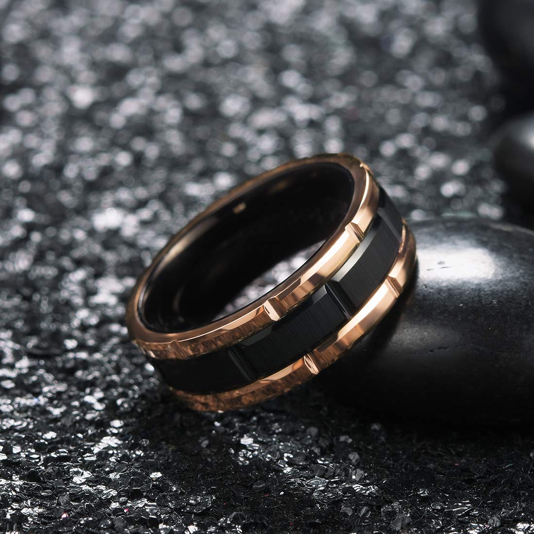King Will Classic Men's 8mm Tungsten Carbide Wedding Band - Silver, Black, Gold & Rose Gold - Brick Pattern with Groove Center & Brushed Finish - Comfort Fit Ring for Men - Perfect for Weddings, Anniversaries & Everyday Wear