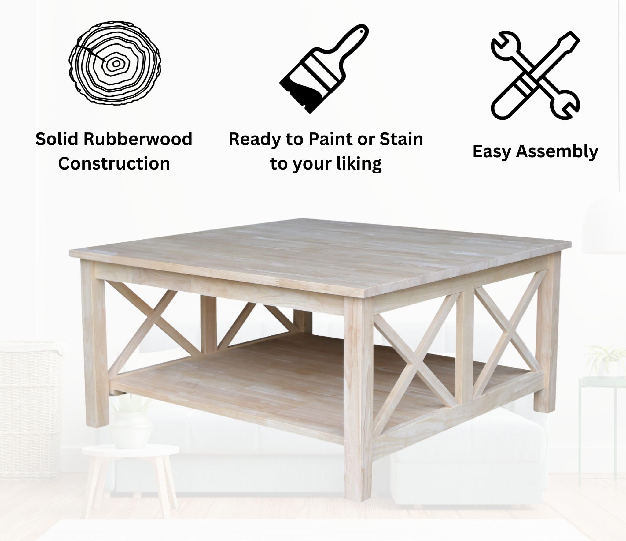 International Concepts Hampton Coffee Table - Brown Wooden Living Room Table for Home Decor, Perfect for Living Room, Lounge, and Office Use