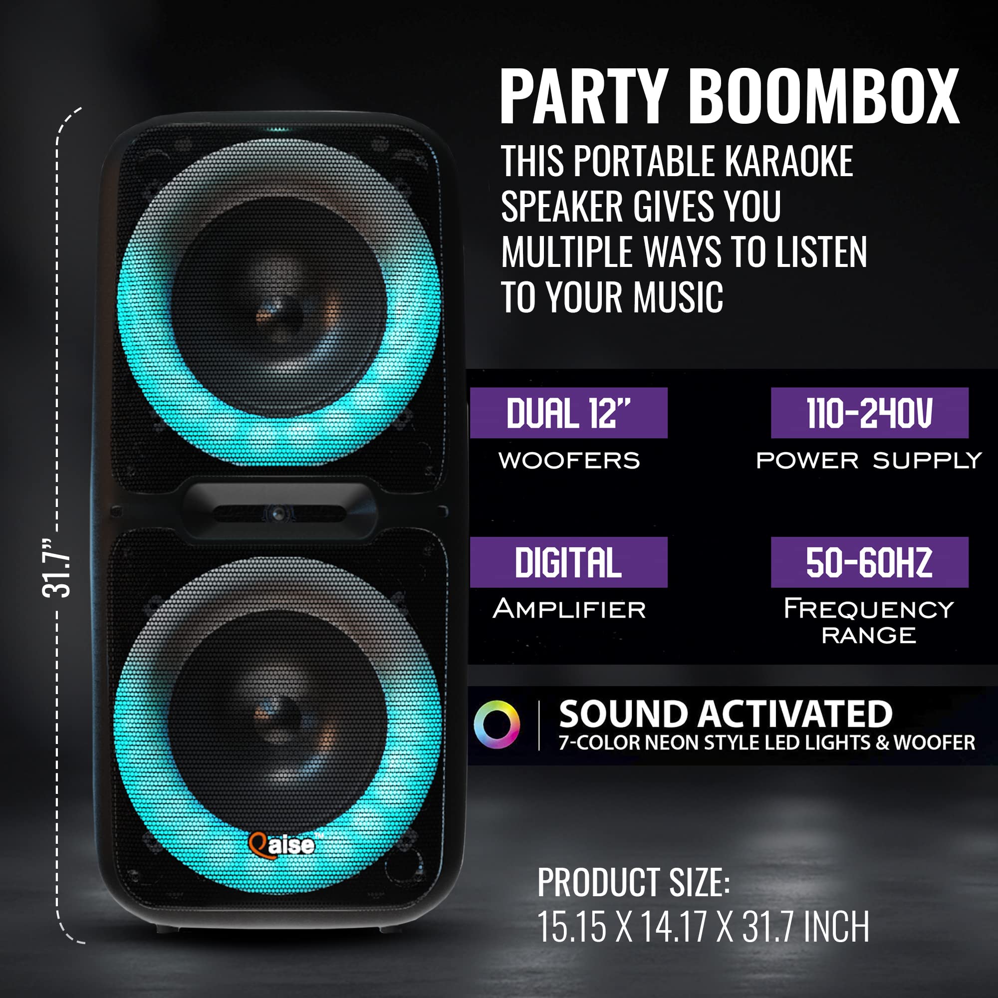 Portable Bluetooth Speaker & Karaoke Machine with Wireless Mic - 6000W Peak Power, Dual 12