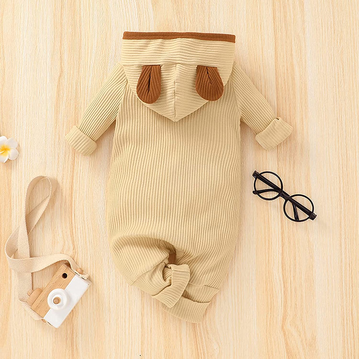 Twopumpkin Baby Hooded Romper - Knitted Long Sleeve Jumpsuit for Newborn Boys & Girls | Fall Winter Outfit | Ribbed Cute Clothes for Photo Shoots, Family Gatherings & Daily Wear
