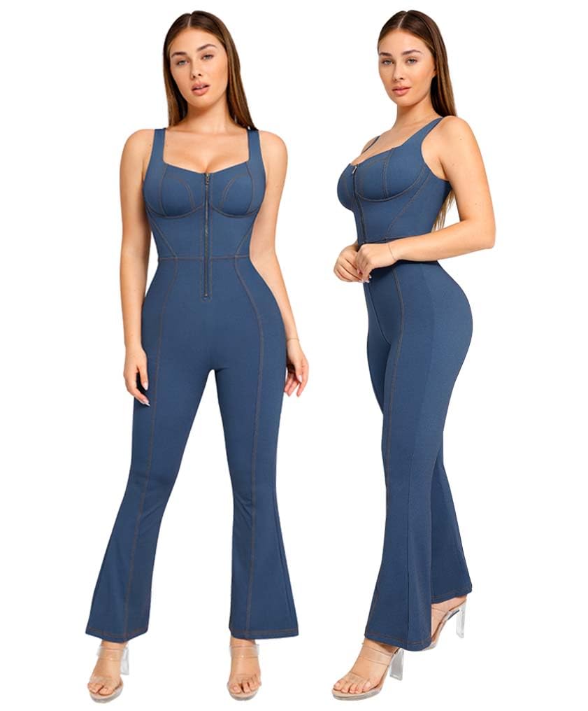 Popilush Shapewear Jumpsuit for Women - Faux Denim Bodysuit with Tummy Control & Built-in Shapewear | Slimming Jean Romper for Everyday Wear, Date Night & Special Occasions