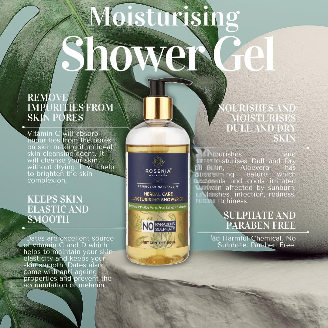 Rosenia Ayurveda Moisturizing Shower Gel for Men & Women - Aloe Vera, Fruit Extracts & Vitamin C Enriched - 300ml | Hydrating Body Wash for Dry Skin, Daily Shower & Spa Relaxation