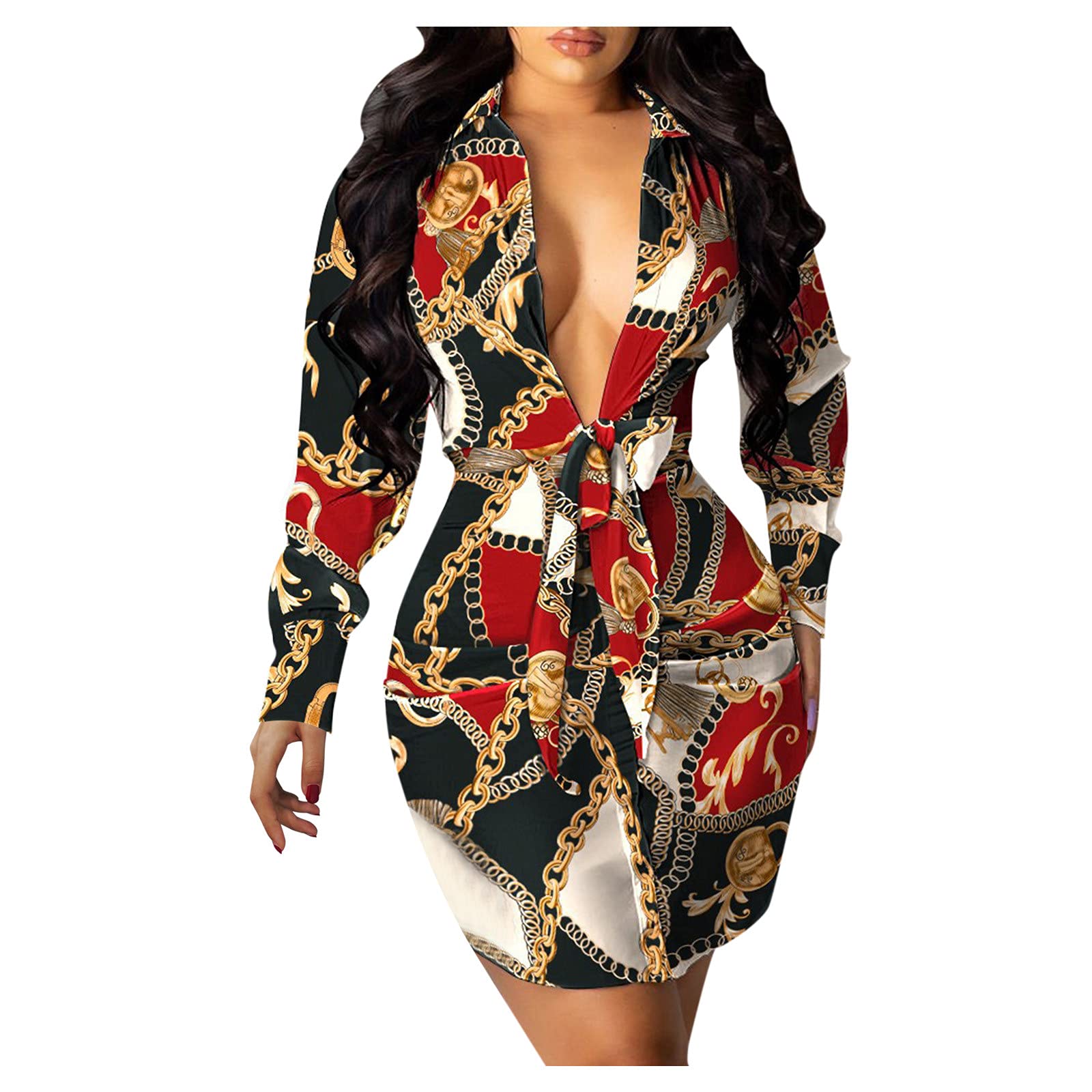 Women's Long Sleeve V-Neck Lace-Up Bodycon Wrap Dress with Floral Print - Slim Fit Casual Fashion Maxi Dress for Party, Date Night & Office Wear
