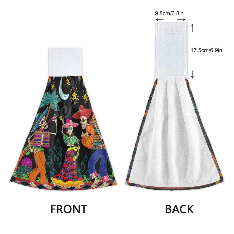 Skull Print Halloween Kitchen Towels - 2 Pack Soft Absorbent Dish Cloths with Hanging Loop - Day of The Dead Bathroom Hand Towels for Oven, Stove Handle & Tabletop - Perfect for Halloween Party Decor, Dia de Los Muertos Celebration & Gothic Home Decor