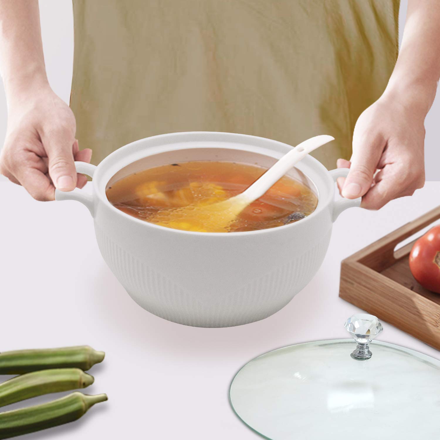 Premium White Ceramic Soup Tureen with Glass Lid - 7.48 Inch Porcelain Serving Bowl for Restaurants & Home Kitchens - Elegant Decorative Covered Soup Tureen for Creamy Soups, Stews & Chili - Perfect for Dinner Parties, Holiday Meals & Family Gatherings