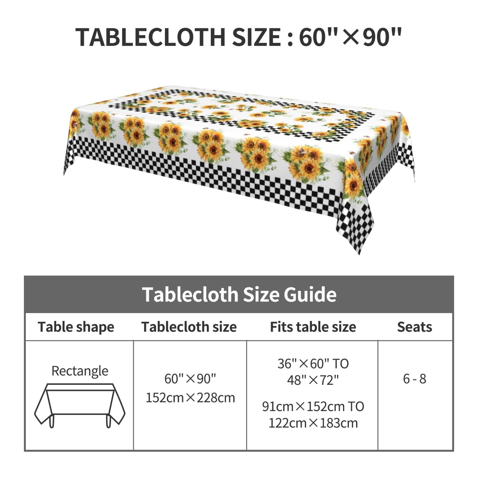 Sunflower Rustic Checkerboard Tablecloth 60x90 Inch - Washable Rectangle Table Cover for Kitchen, Dining Room, Picnic, and Outdoor Decor