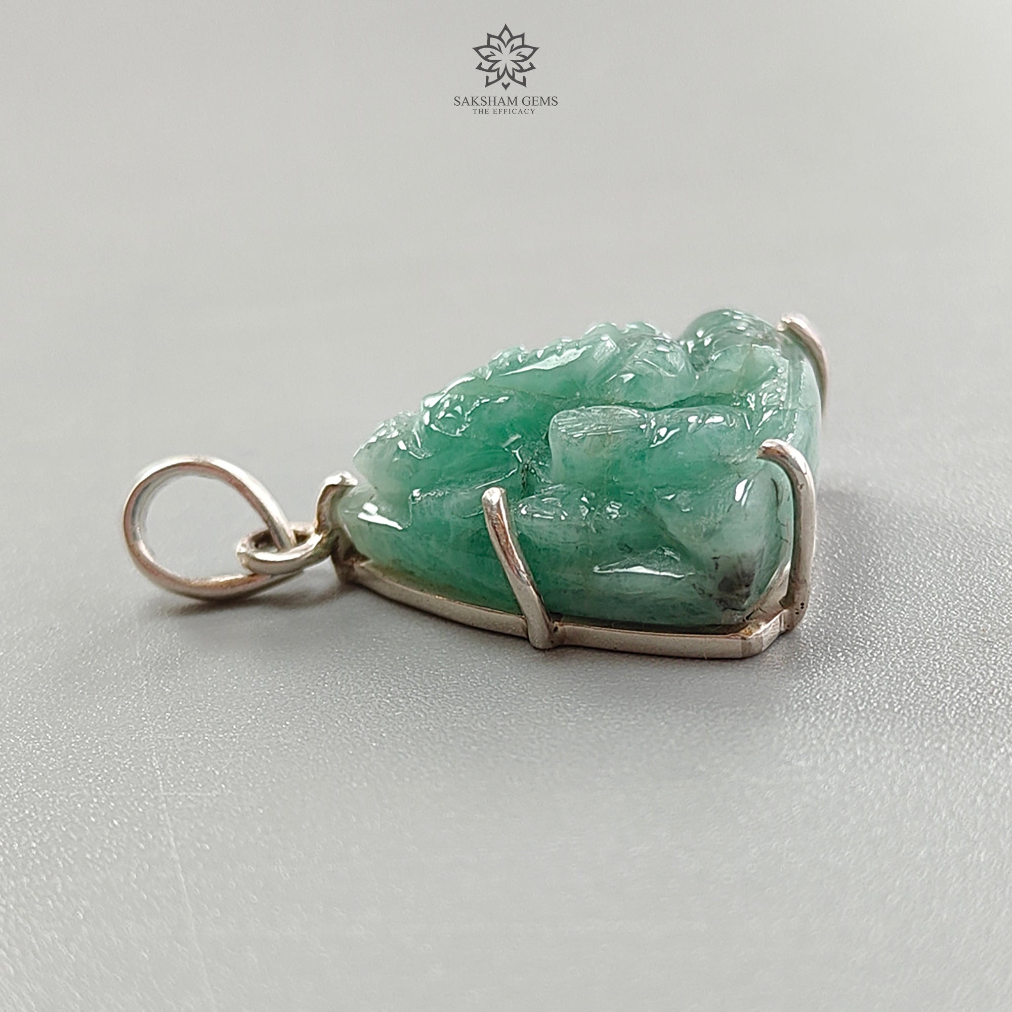 Natural Untreated Green Emerald Ganesha Pendant - 6.59gms 925 Sterling Silver Prong Set Lord Ganesha Idol Jewelry for Meditation & Spiritual Protection | Perfect for Yoga, Prayer & Gift Giving
