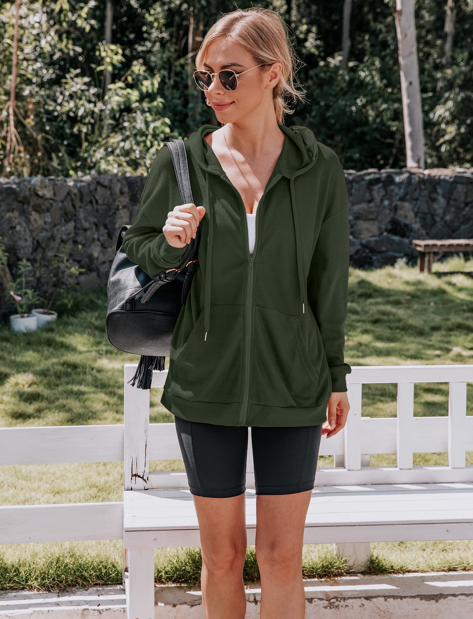 Cowasto Women's Waffle Knit Zip Up Hoodie - Casual Long Sleeve Drawstring Jacket with Hood - Perfect for Fall Layering, Lounge Wear & Outdoor Activities
