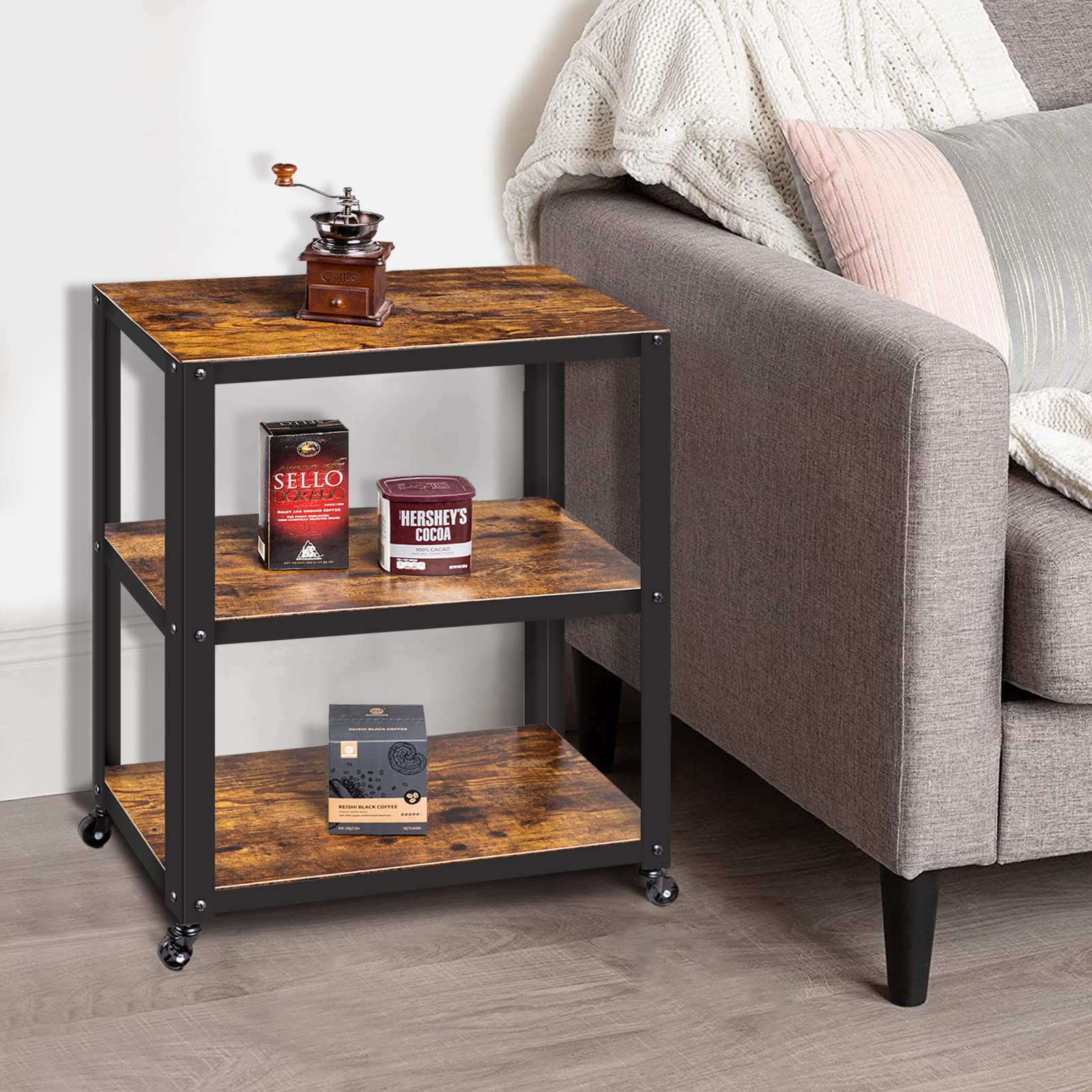 3-Tier Utility Cart with Wood & Metal Frame - Rolling Storage Cart for Office, Home, Kitchen Organization | Perfect for Pantry Storage, Craft Supplies & Mobile Workstation