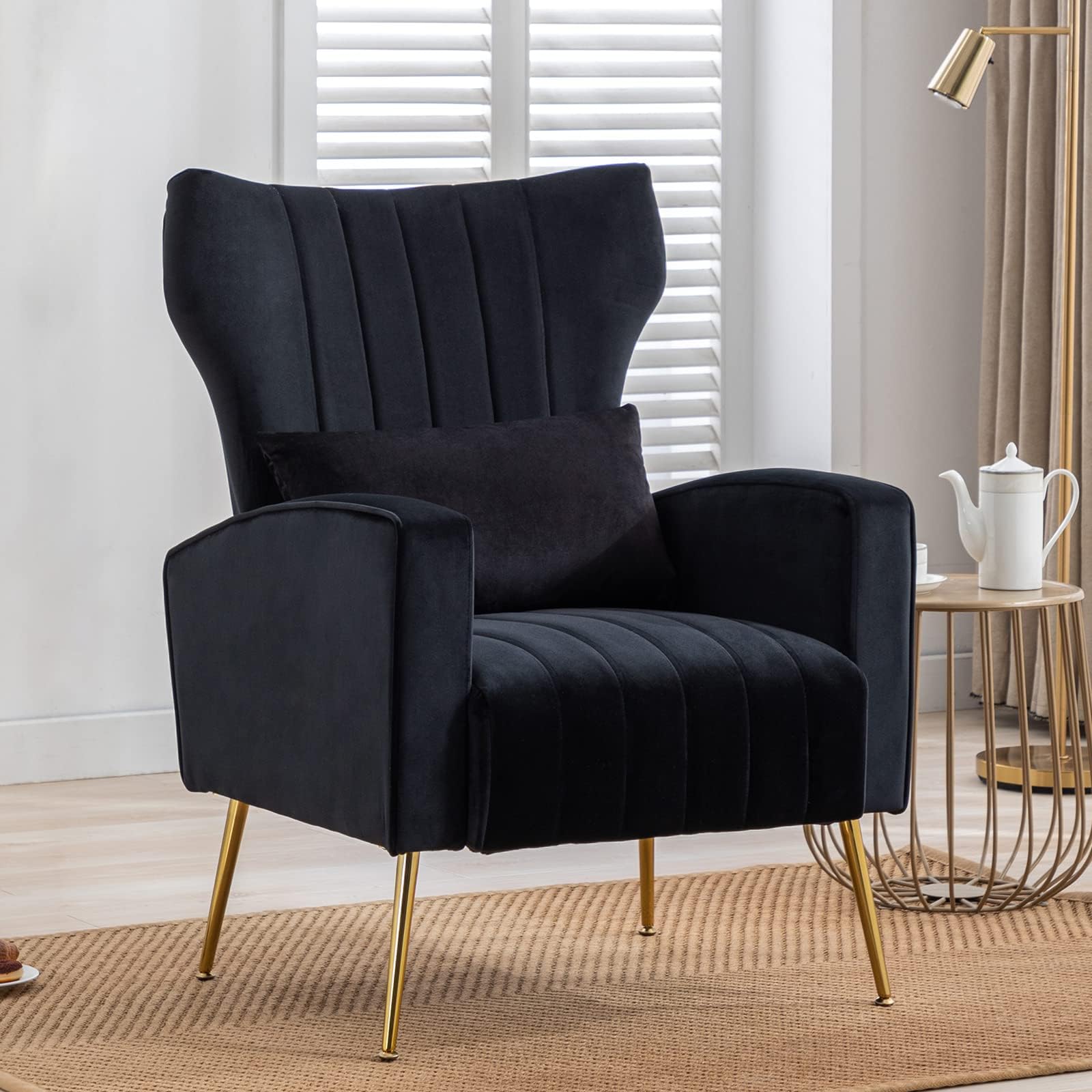 Velvet Accent Armchair - Modern Wingback Lounge Chair with Lumbar Pillow & Gold Legs for Living Room, Bedroom, Reading Corner | Comfy Seating for Relaxation, Reading & Home Decor (Black)