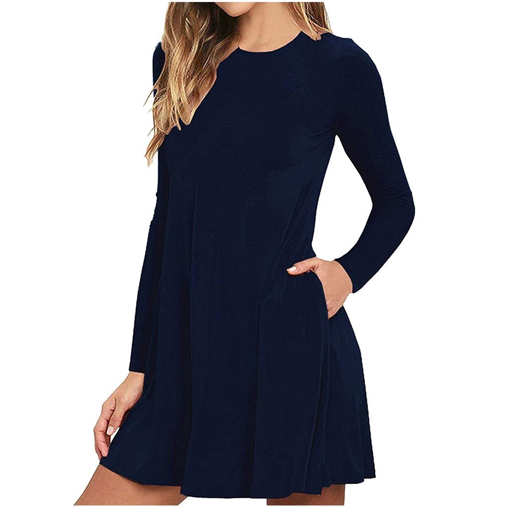 Lisgai Women's Black Long Sleeve Crew Neck Flowy Casual Dress - Trendy Loose Fit Solid Maxi Dress for Everyday Wear, Office & Date Night