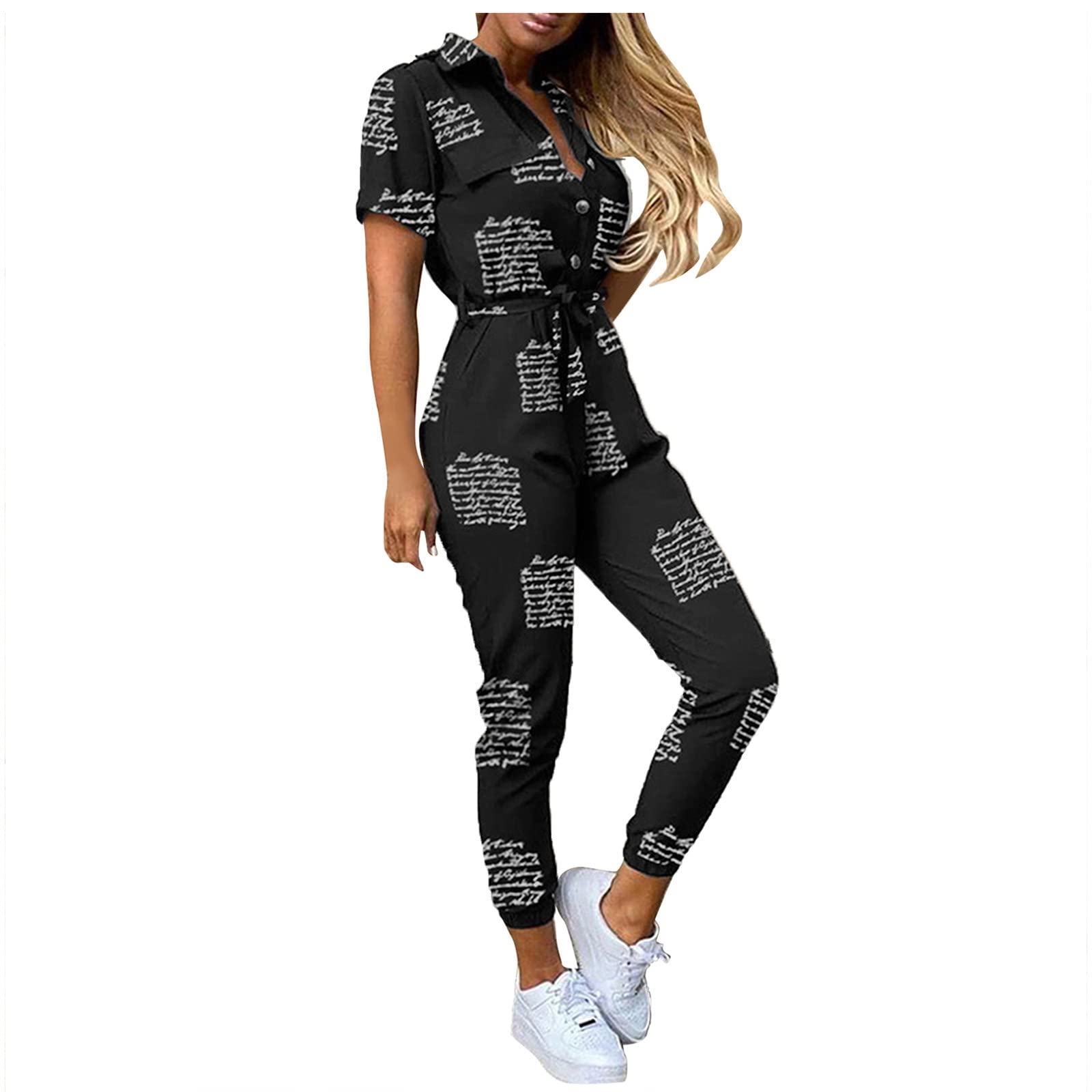 HUANKD Women's Wedding Guest Dress - Summer Casual Lace-Up Lapel Short Sleeve Outfit with Printed Belt, Sizes S-3XL | Perfect for Bridal Showers, Garden Parties & Cocktail Events