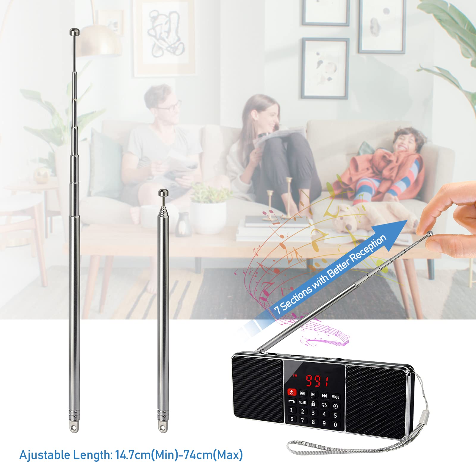 Bingfu 74cm 7-Section Portable FM/DAB Radio Telescopic Antenna - Replacement for Pure, JVC, JBL, Onkyo, Denon & Pioneer Transistor Radios - HiFi Audio & CD Player Compatible (2-Pack) - Perfect for Home, Office & Car Use