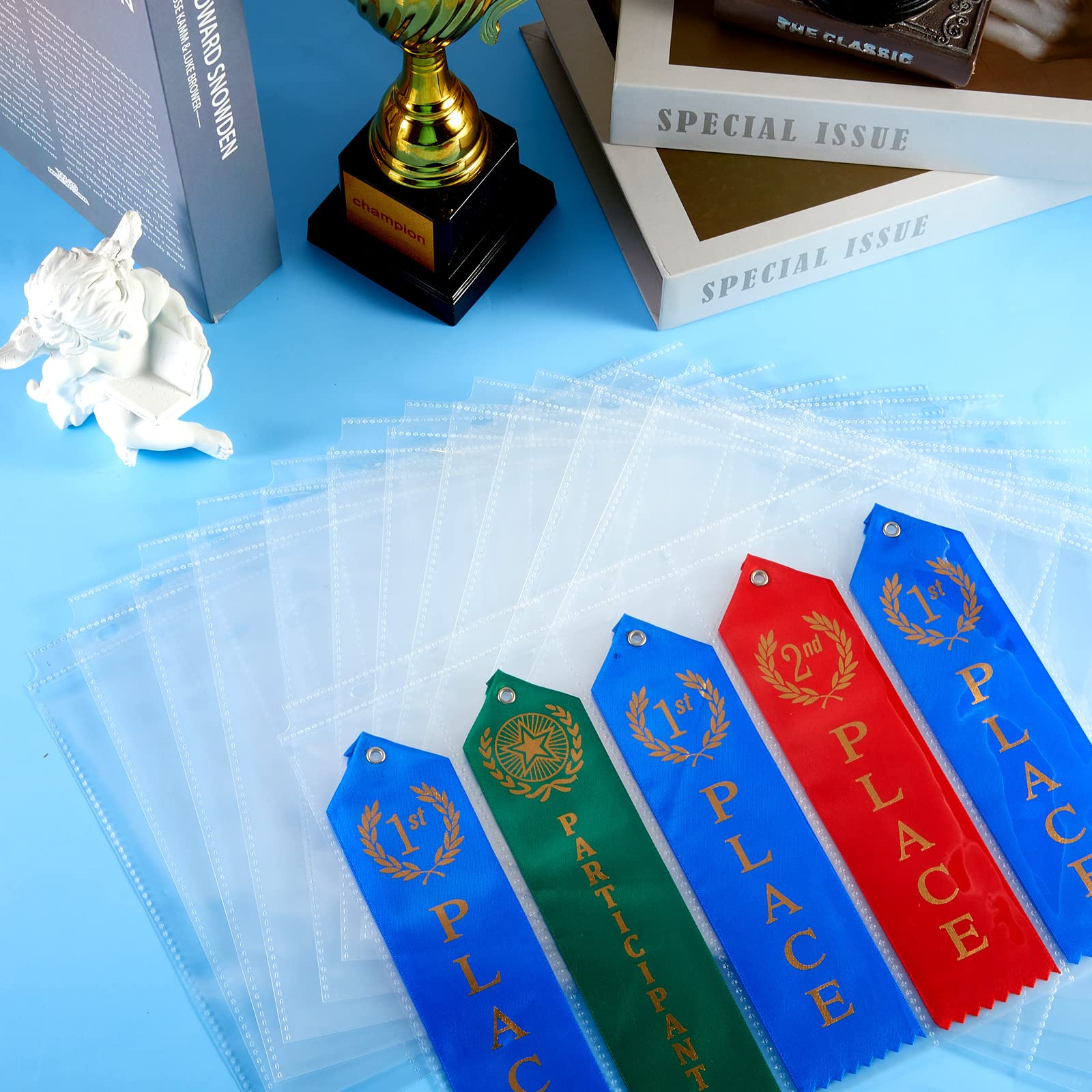 Henoyso Award Ribbon Organizer - 50-Piece Clear Plastic Binder Pages for Swimming & Gymnastics Medals, Prize Display & Scrapbooking - Perfect for 3-Ring Binders, Competition Storage & Trophy Organization