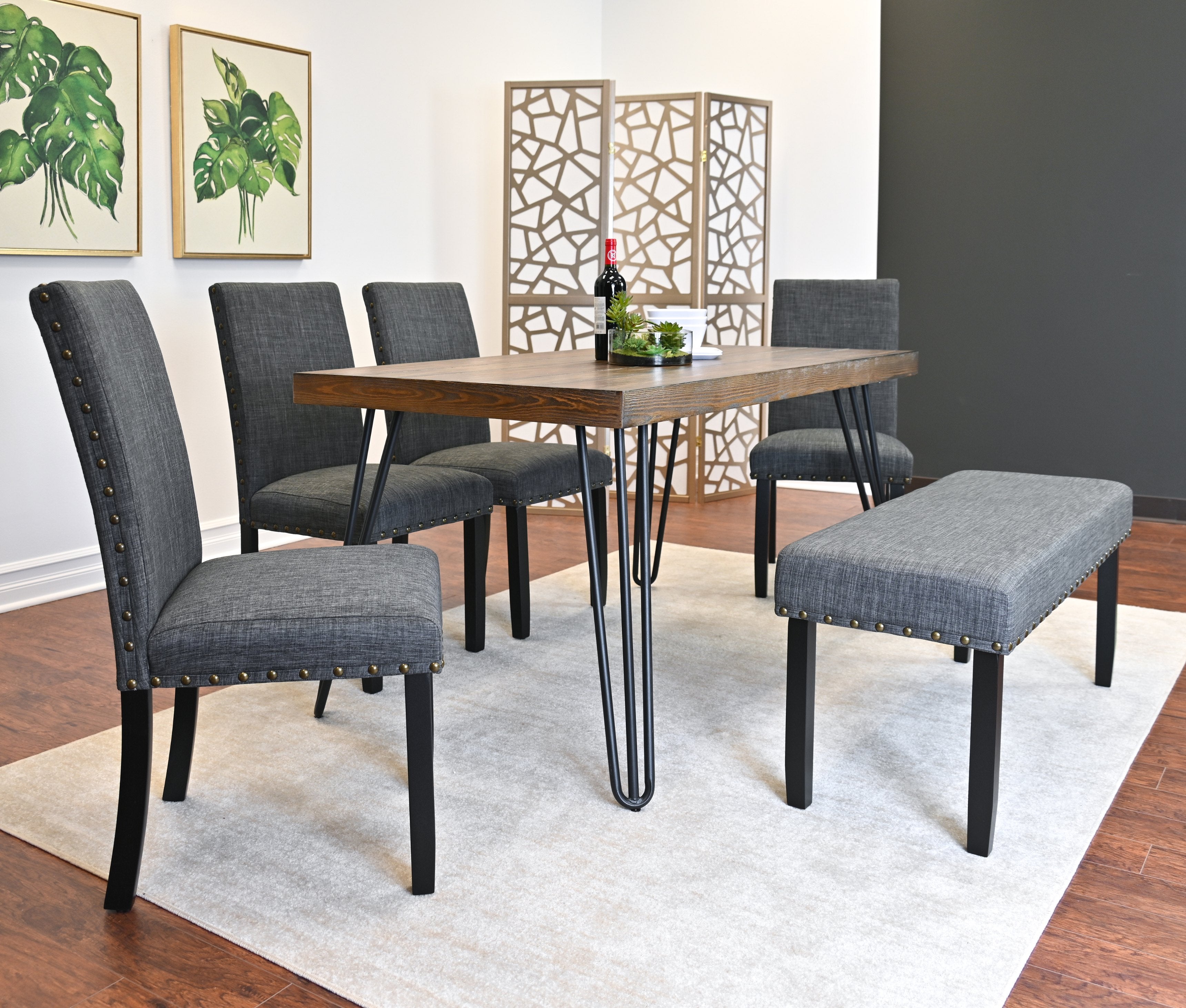 Roundhill Furniture Amisos 6-Piece Dining Set with Hairpin Leg Table, 4 Chairs & Upholstered Bench - Modern Kitchen & Dining Room Furniture for Family Gatherings