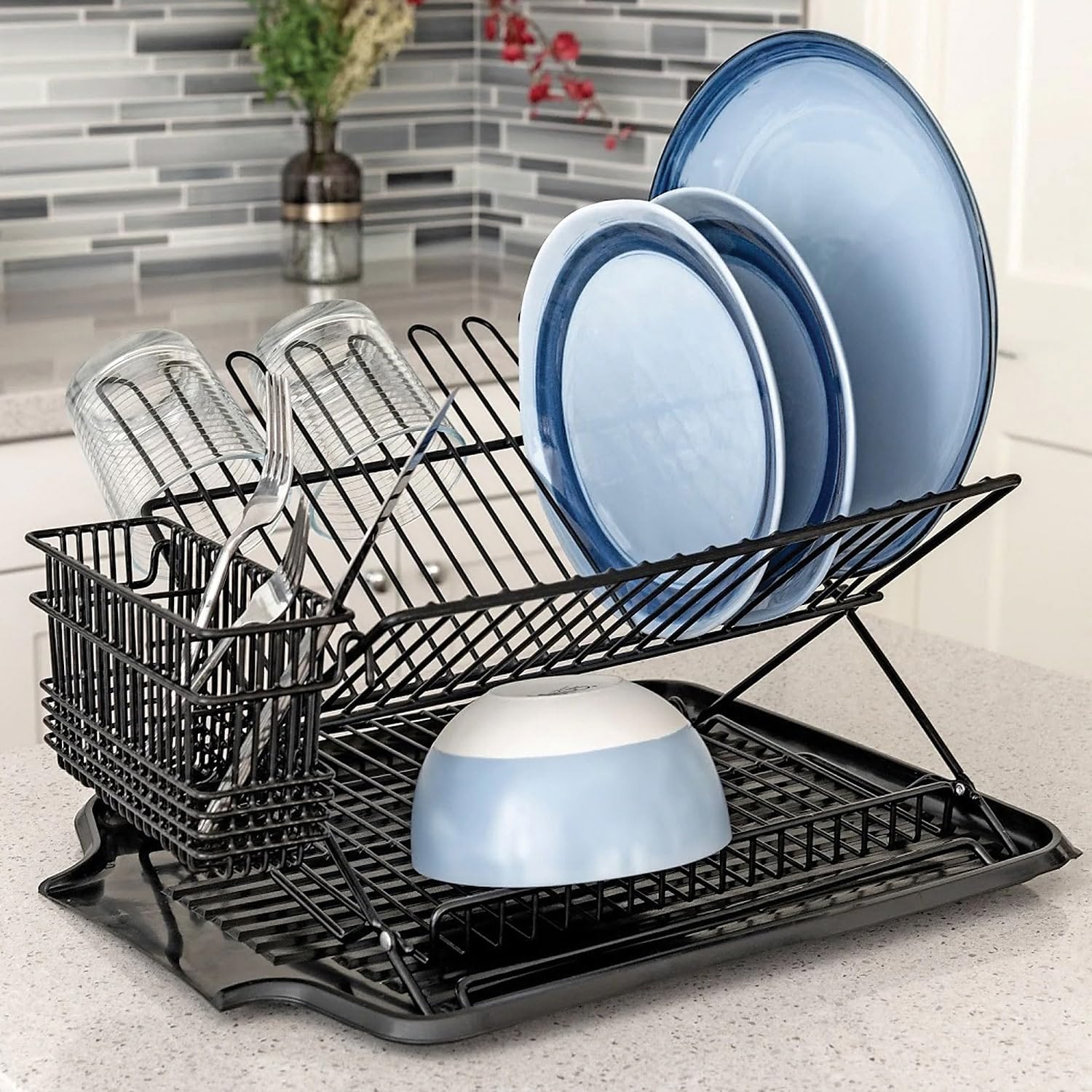 Better Houseware Cutlery Drying Basket with Hooks - Black Coated Steel Wire - 3 Compartments - Fits Most Dish Racks - Utensil Drying Rack for Sink - Perfect for Kitchen Organization and Drying Knives, Forks, Spoons After Washing