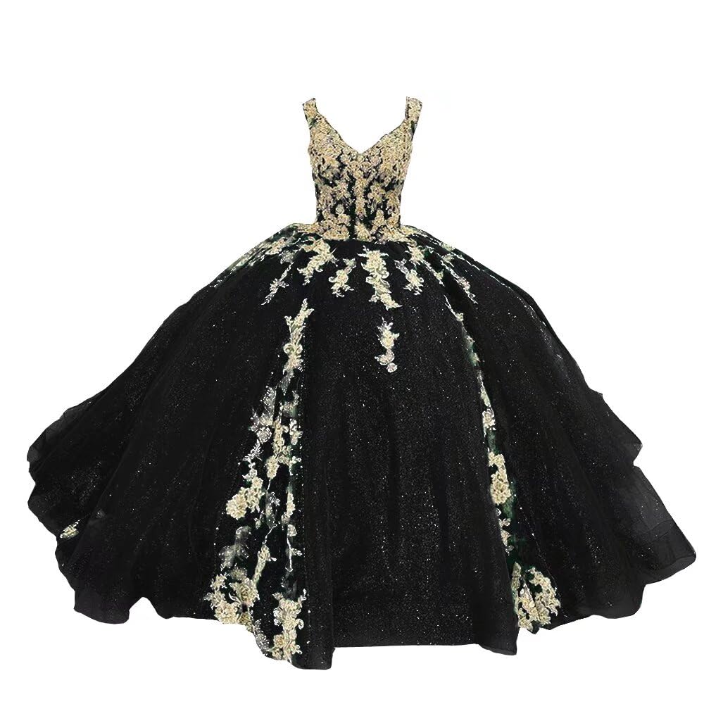 2025 Sweetheart Gold Embroidered Applique Cap Sleeve Quinceañera Dress | Sparkly Prom Ball Gown | Elegant Tulle Evening Dress for Sweet 15, Homecoming, Pageant & Formal Events
