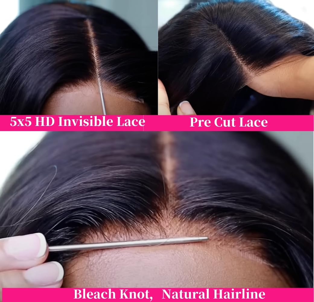 5X5 HD Lace Closure Wigs Human Hair - Brazilian Body Wave 180 Density Glueless Wig with Pre Plucked & Pre Cut Lace - No Glue Needed for Easy Wear & Go - Perfect for Daily Use, Parties, Weddings and Special Occasions