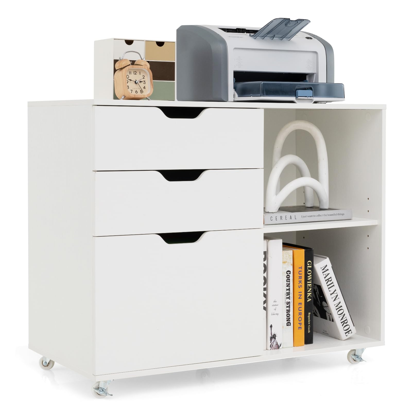 3-Drawer Rolling File Cabinet with Open Storage Shelves - Wooden Lateral Filing Cabinet for Legal/A4/Letter Size Files - Mobile Printer Stand & Under Desk Organizer for Home Office (White) - Perfect for Document Storage & Workspace Organization