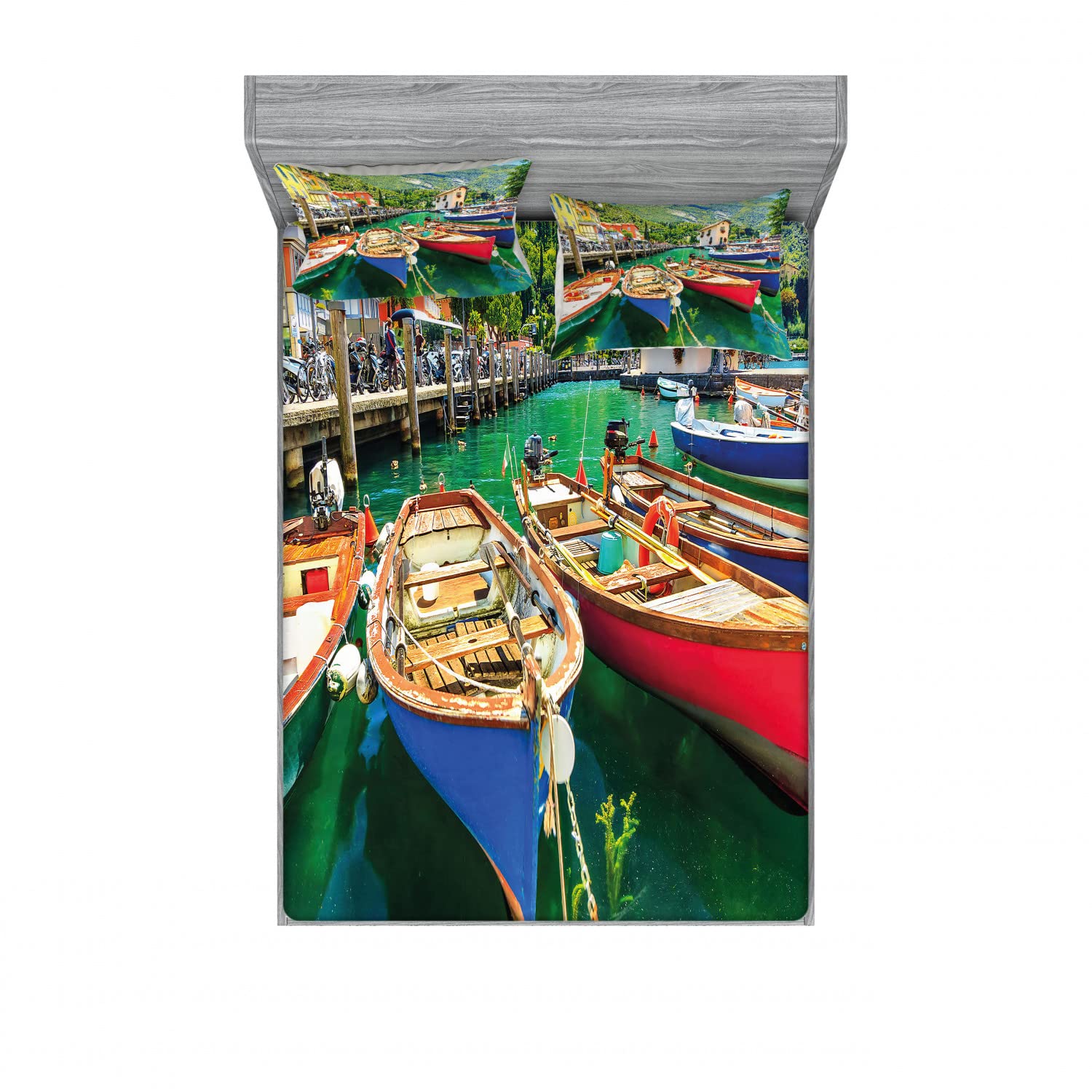 Ambesonne Italy 2-Pack King Size Fitted Sheet & Pillow Sham Set - Garda Torbole Town Photo Design, 4-Piece Luxury Bedding Decor (2 Fitted Sheets + 4 Pillow Covers), Vibrant Multicolor - Perfect for Master Bedroom, Guest Room & Vacation Home Decor
