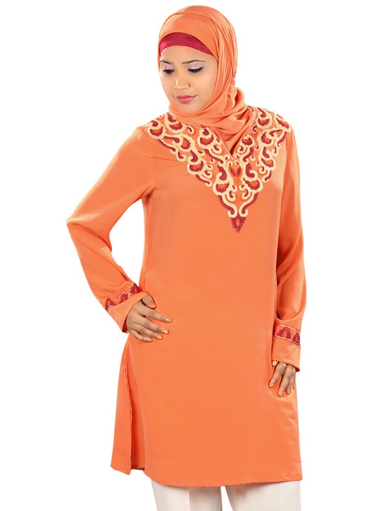 MyBatua Muslim Women's Tunic Top - Modest Long Sleeve Ayra Tunic in Orange for Prayer, Work & Casual Wear | Islamic Fashion for Everyday & Special Occasions