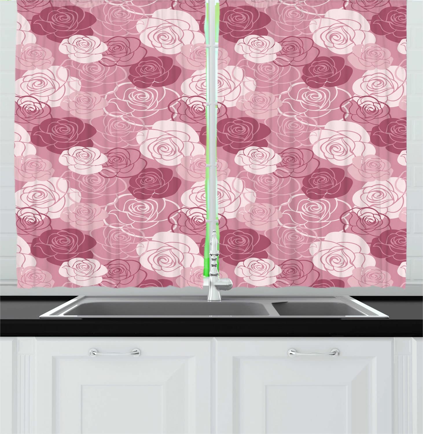 Ambesonne Rose Flowers Long Kitchen Curtains - Pastel Romantic Floral Print Drapes with Rod Pocket, 55x45 Inches, Dried Rose Pale Rose | Elegant Window Treatment for Dining Room, Cafe, Farmhouse Decor
