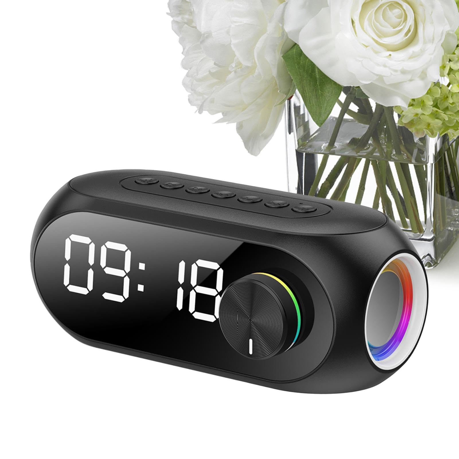 Wireless Speaker Alarm Clock with Sleep Timer - USB Rechargeable Digital Clock, LED Display, Snooze Function & White Noise Machine for Bedroom, Office, Travel (Black)