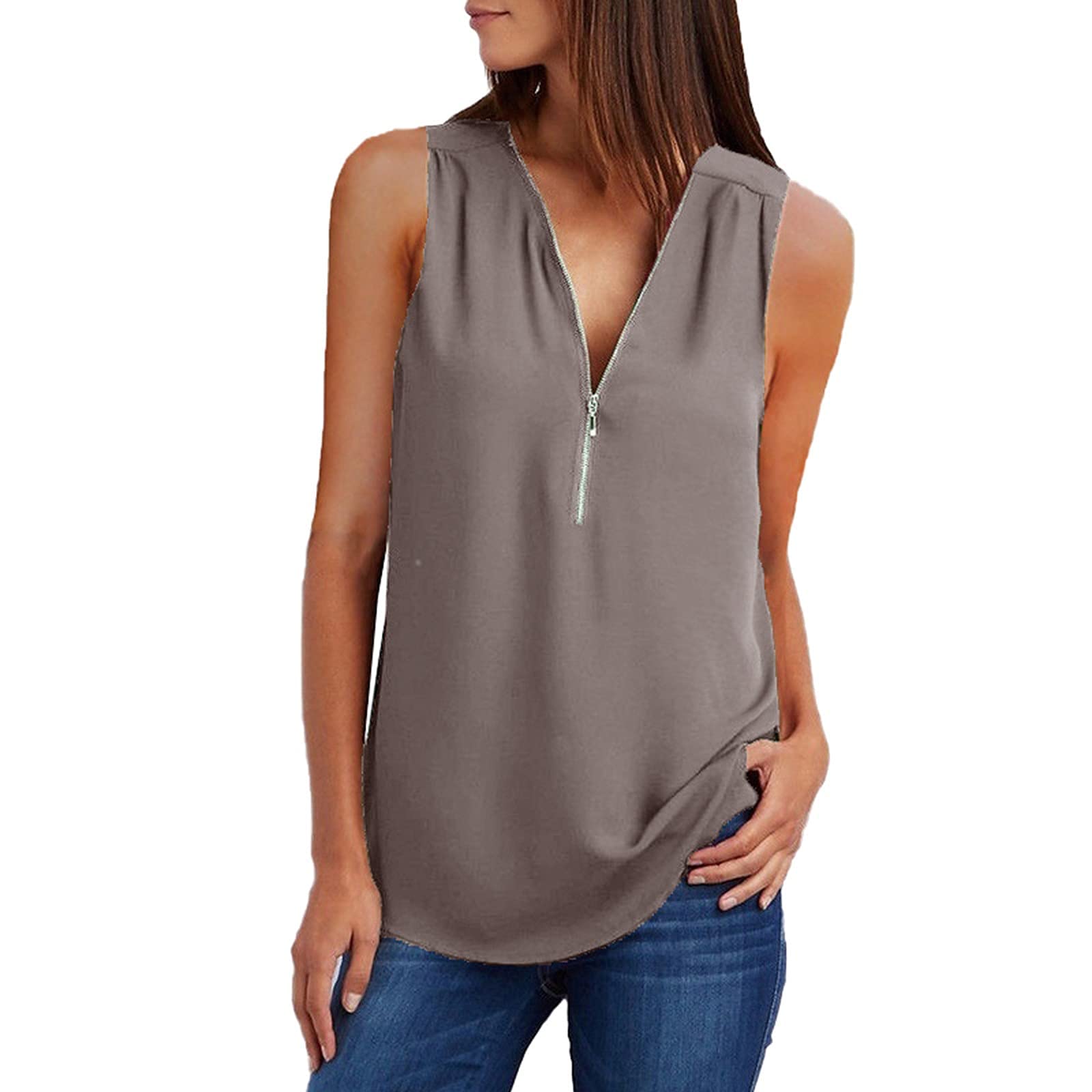 Sexy Women's Summer Sleeveless Zipper Tunic Tops - Casual Loose Chiffon Tank Tops Solid Color Tee Shirts for Beach, Party & Daily Wear