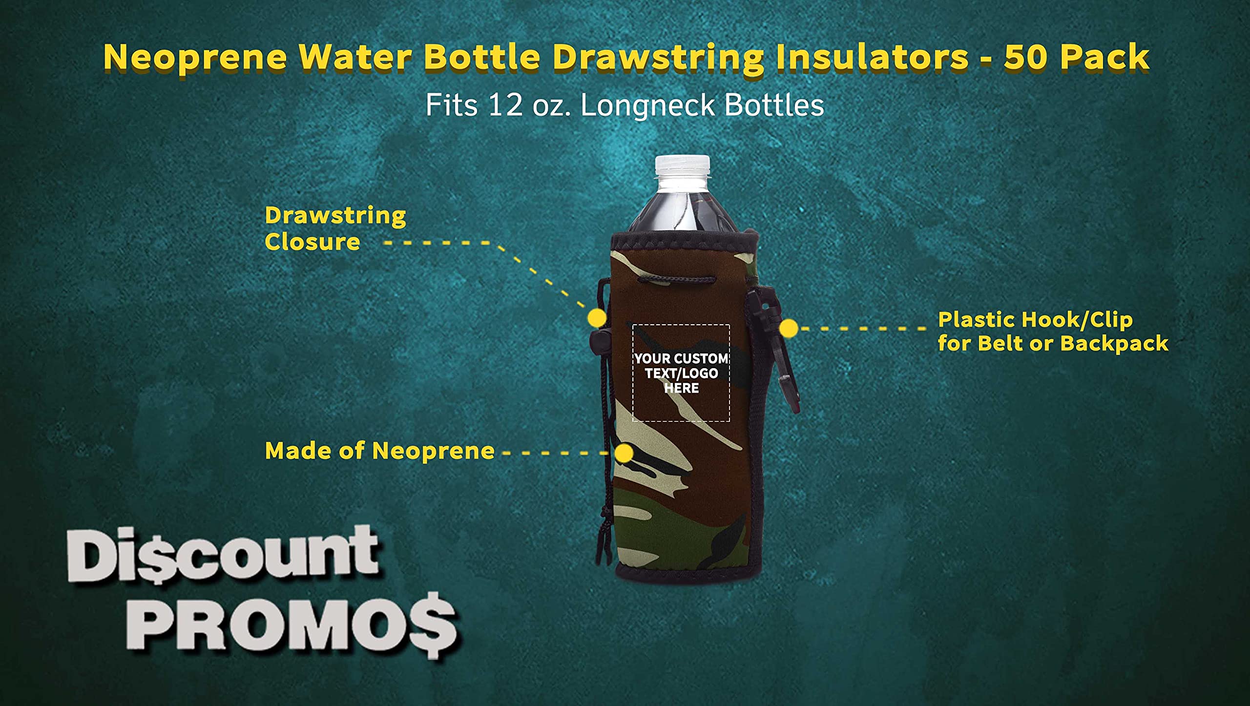 50 Pack Neoprene Water Bottle Insulators with Drawstring - Custom Text & Logo Printing - Fits 12 oz Longneck Bottles - Camouflage Design - Perfect for Outdoor Adventures, Sports Events & Corporate Gifts