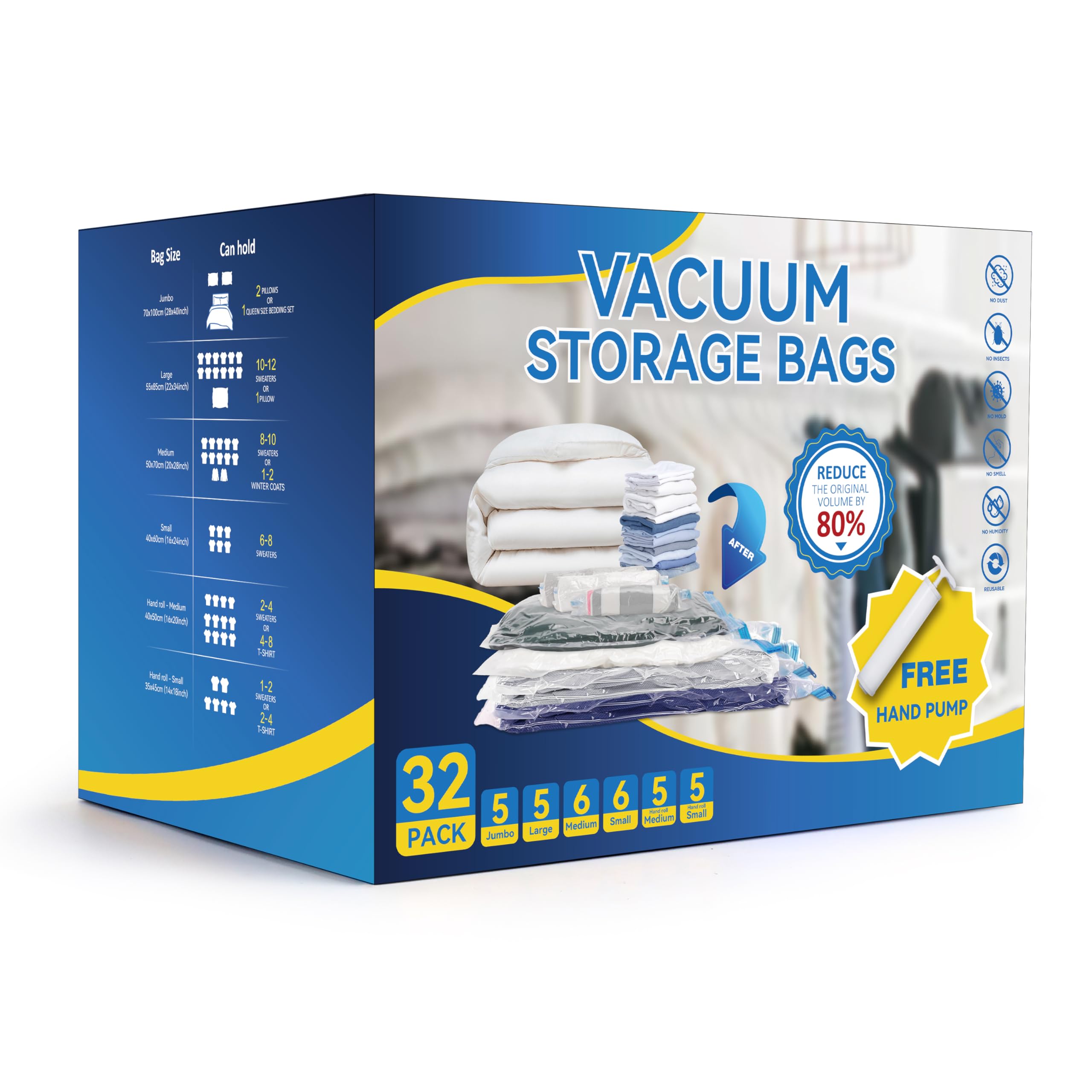 Simple Deluxe 32-Pack Vacuum Storage Bags (5 Jumbo/5 Large/6 Medium/6 Small/5 Roll M/5 Roll S) - Space Saver Bags with Hand Pump for Comforters, Blankets, Bedding, Pillows & Clothes - Perfect for Seasonal Storage, Travel & Home Organization
