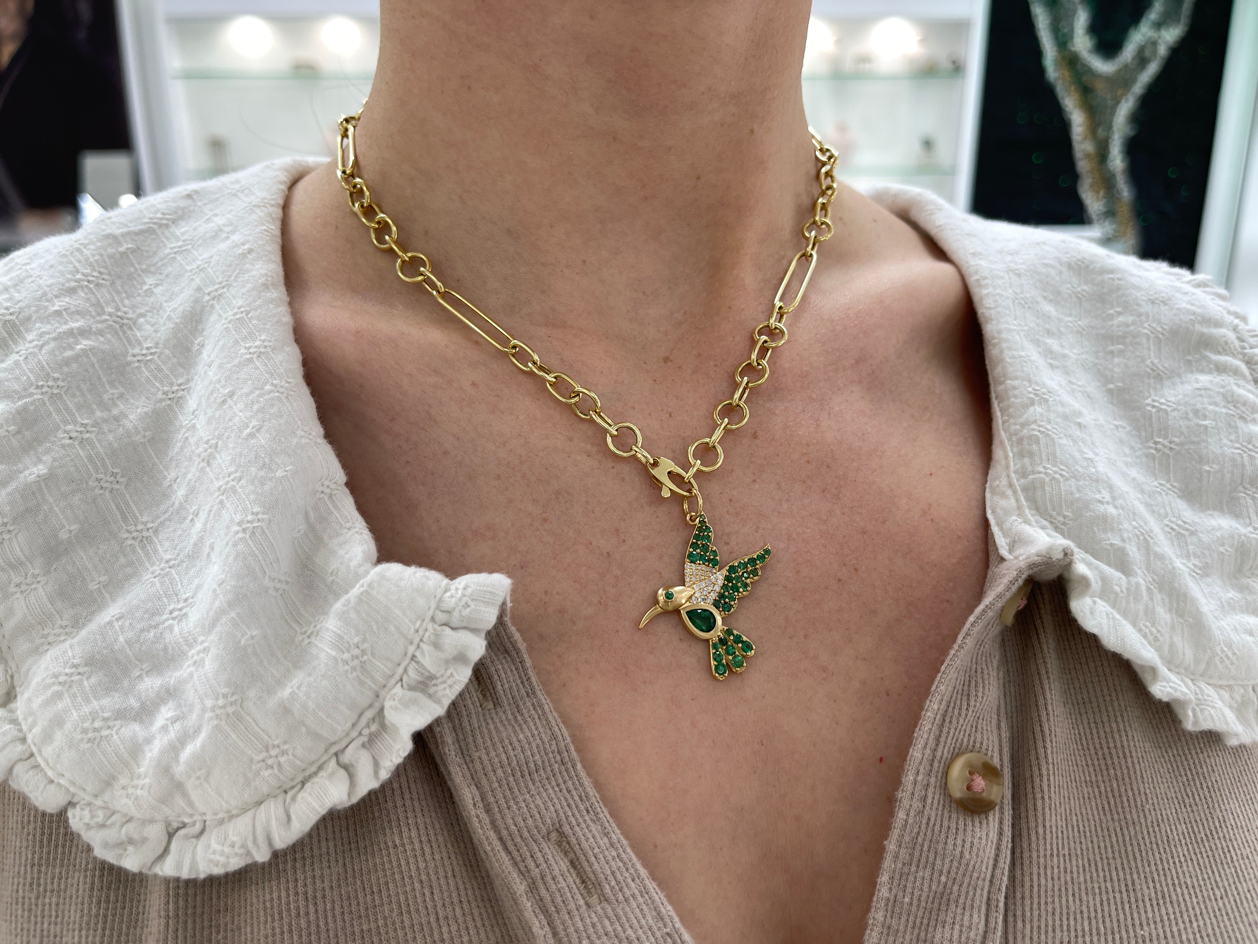 2.16tcw Natural Emerald & Diamond Hummingbird Pendant in 14K Gold - Elegant Jewelry Gift for Women, Perfect for Birthdays, Anniversaries & Special Occasions