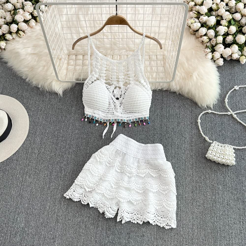 Women's 2-Piece Summer Beach Outfit - Sexy Backless Hollow Out Crop Top & High Waist Shorts Set | One Size | Perfect for Pool Parties, Vacations & Tropical Getaways